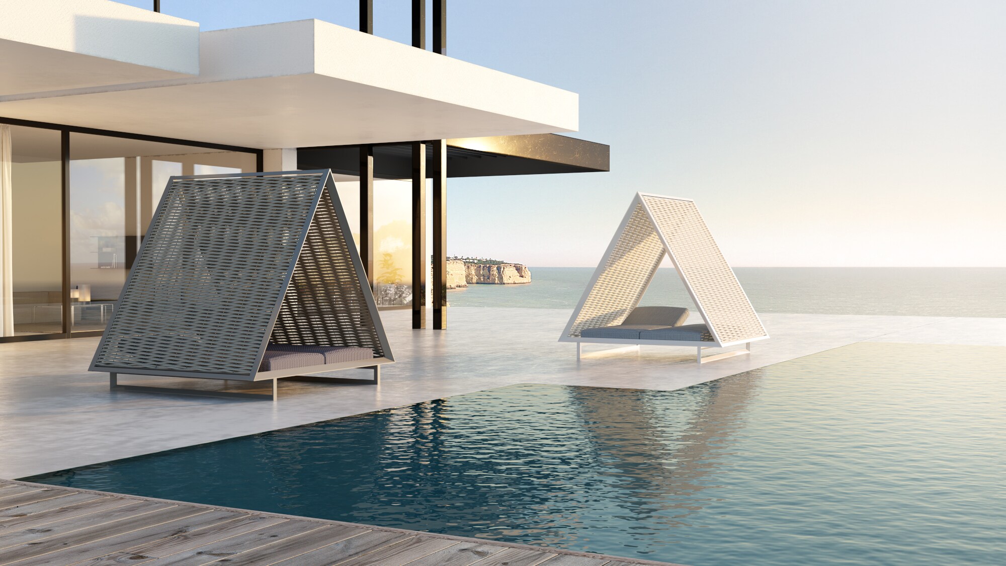 Zwei Gartenbetten in Zeltform neben einem Pool