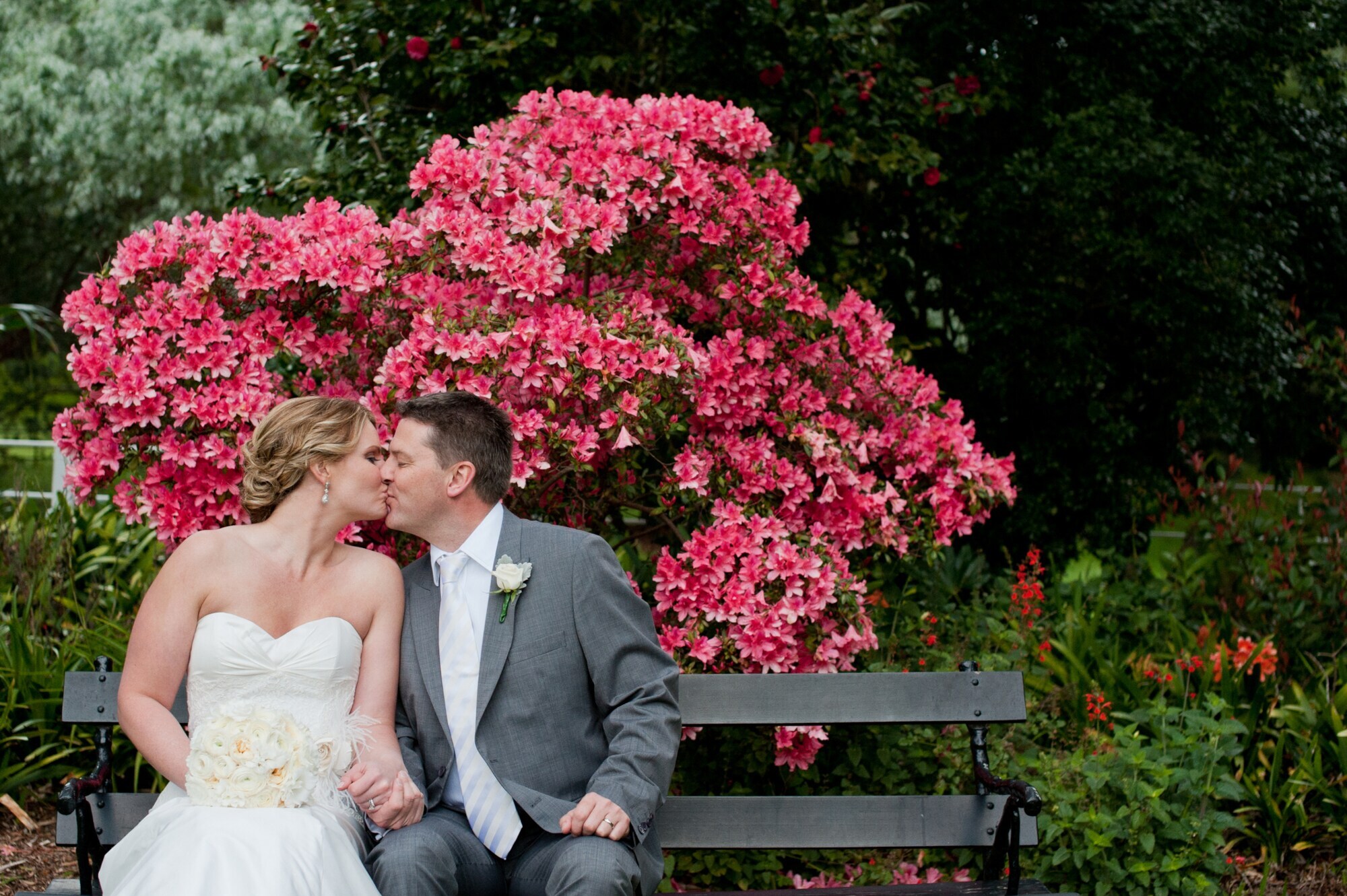 Ein Brautpaar sitzt auf einer Bank und küsst sich