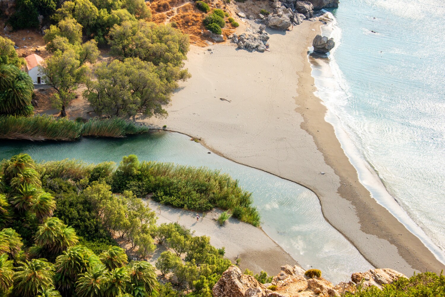 Ein Sandstrand an einer Flussmündung mit Palmenwald aus der Vogelperspektive Ein Sandstrand an einer Flussmündung mit Palmenwald aus der Vogelperspektive