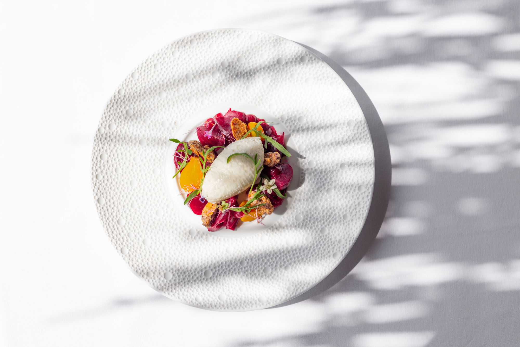 Ein elegant drapiertes Sternegericht aus Rote Bete und Mousse von Ziegenkäse auf einem weißen großem Teller.