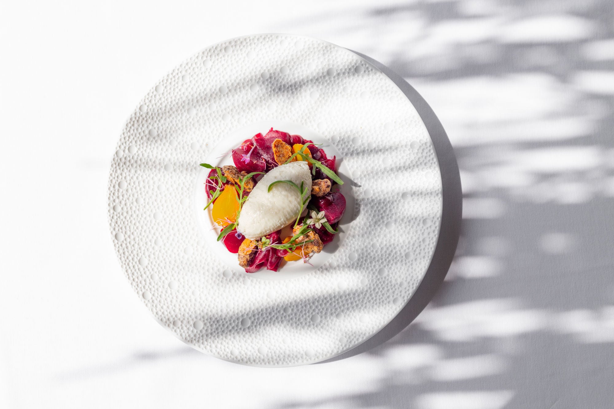 Ein elegant drapiertes Sternegericht aus Rote Bete und Mousse von Ziegenkäse auf einem weißen großem Teller. Ein elegant drapiertes Sternegericht aus Rote Bete und Mousse von Ziegenkäse auf einem weißen großem Teller.