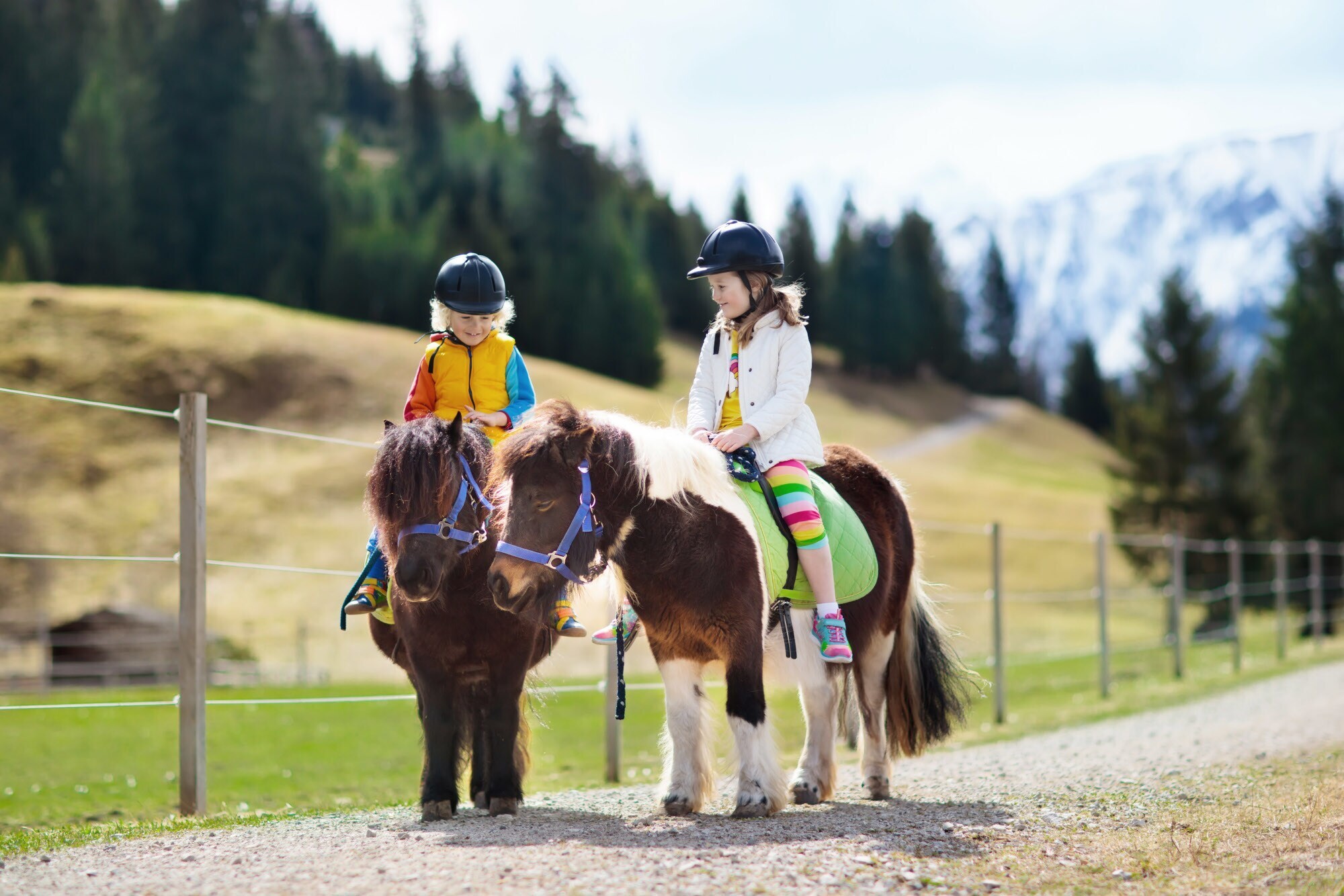 Zwei Kinder auf Ponys in ländlicher Umgebung vor Bergpanorama