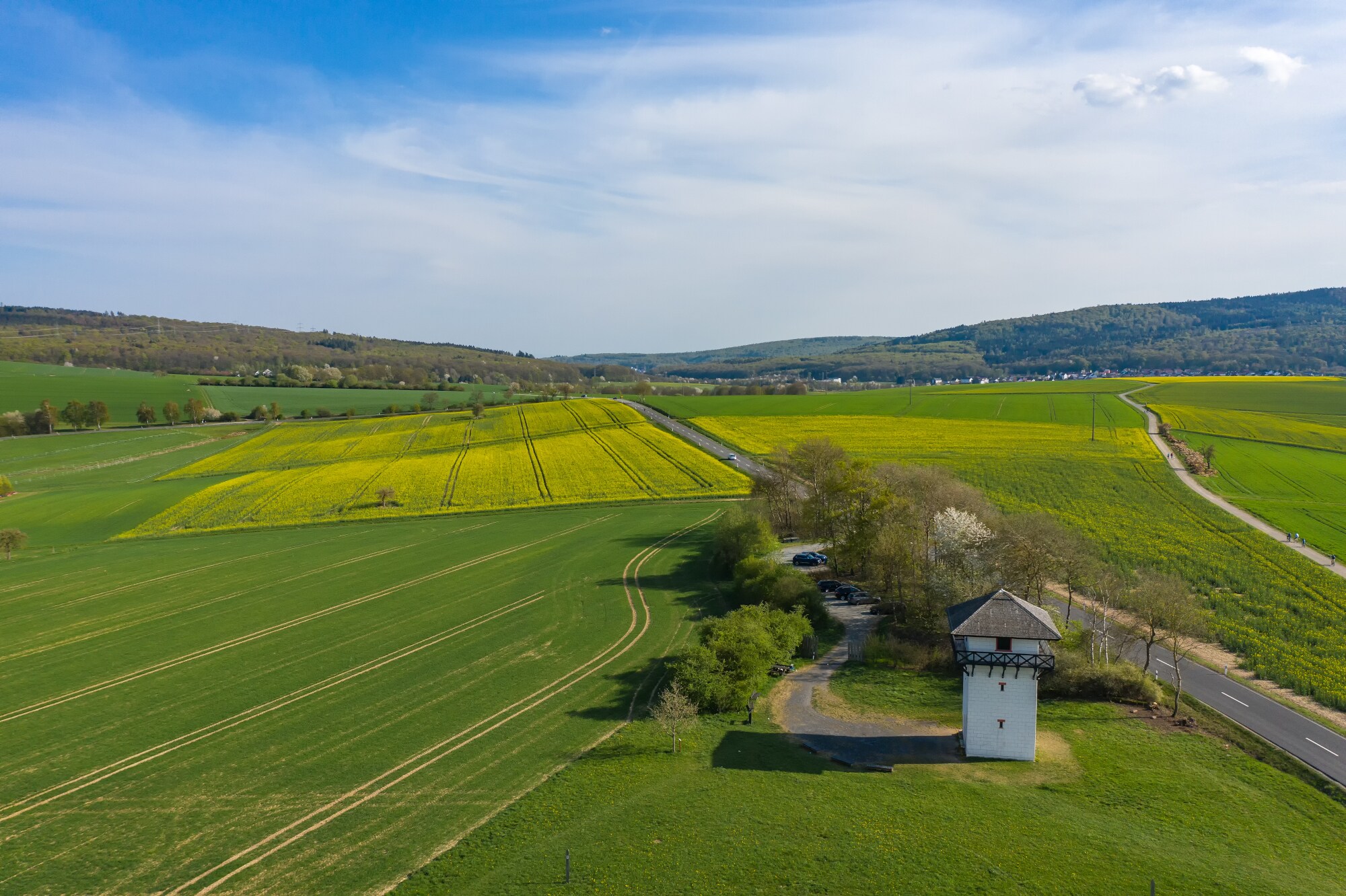 Blick auf eine sommerliche Landschaft mit Feldern