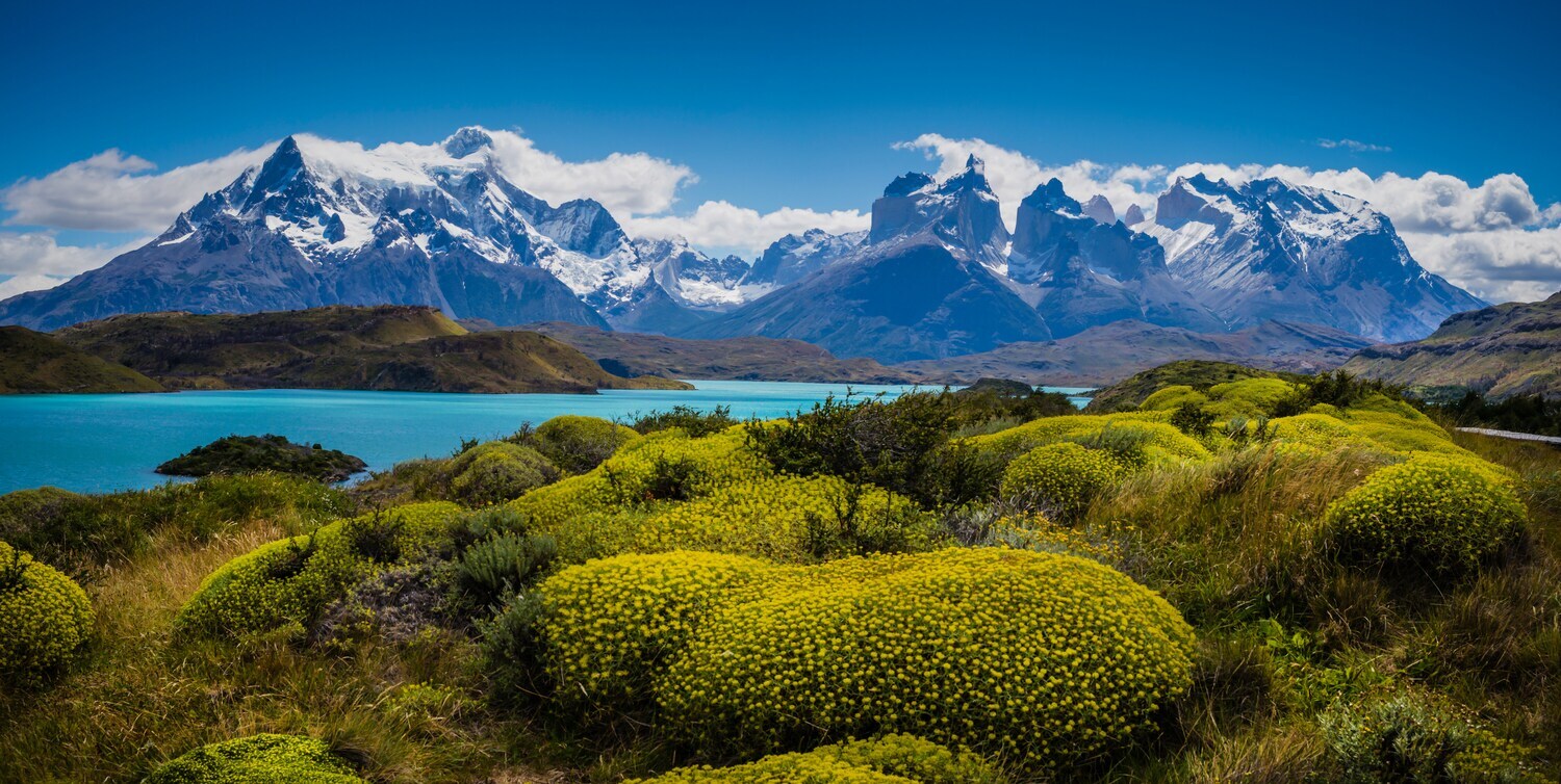 Nationalpark Torres del Paine mit Bergpanorama, See und Graslandschaft