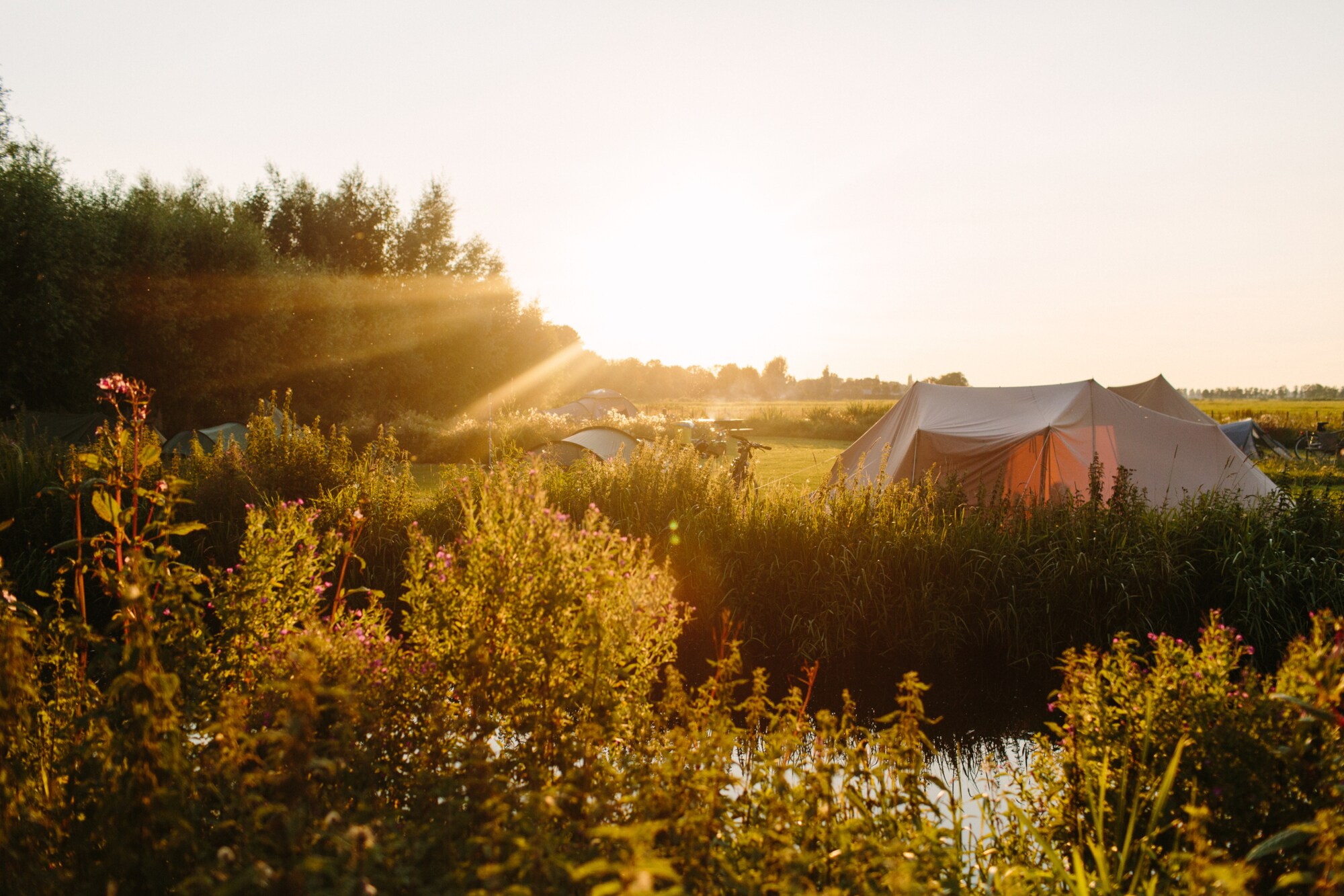Zwei Zelte stehen mitten auf einer Wiese, daneben fließt ein Bach. Die Sonne ist dabei unterzugehen