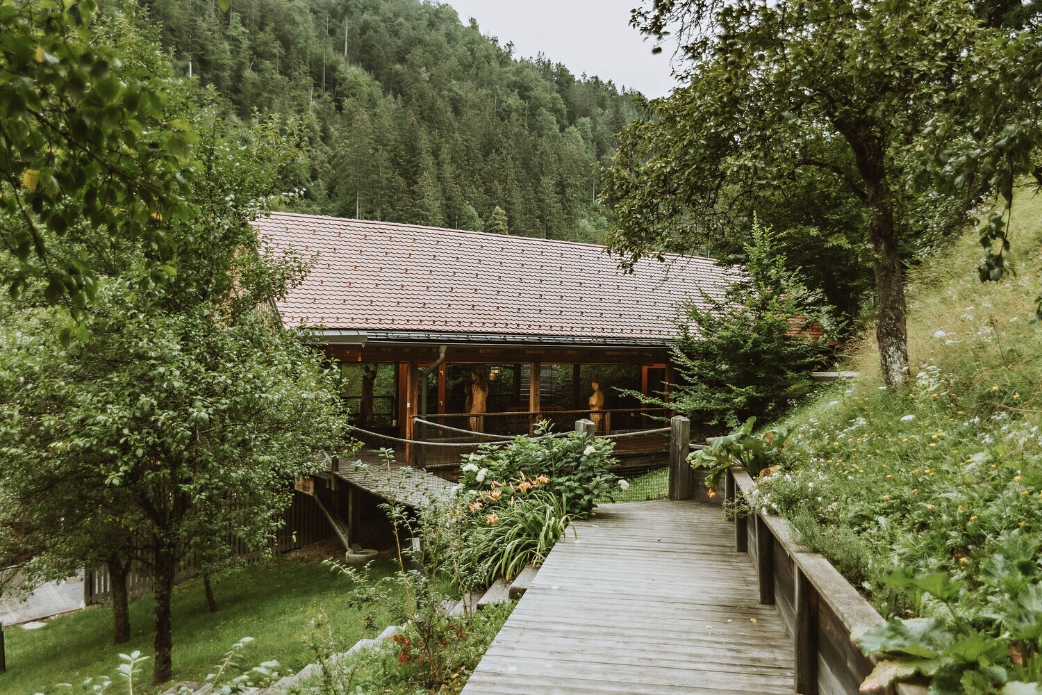 Ein Haus mitten im Grünen, zu dem ein Holzsteg führt.