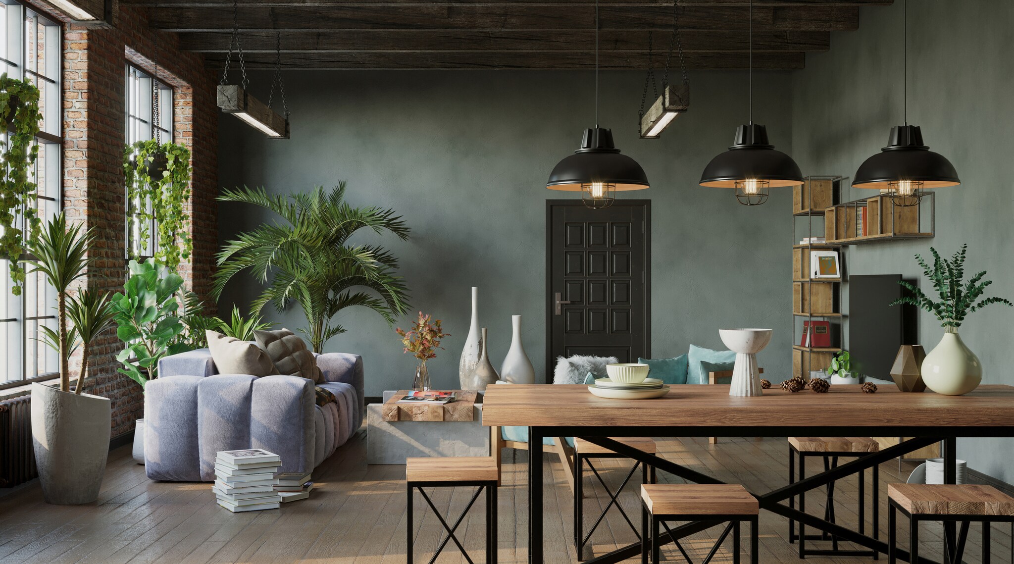 Wohn- und Essbereich kombiniert, die Wände sind unverputzt und mit grauer Farbe gestrichen