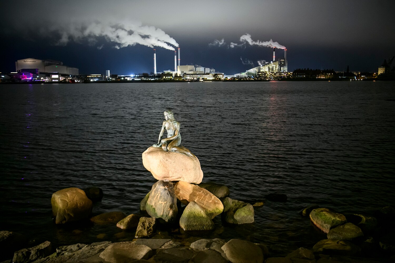 Skulptur der Kleinen Meerjungfrau bei Nacht