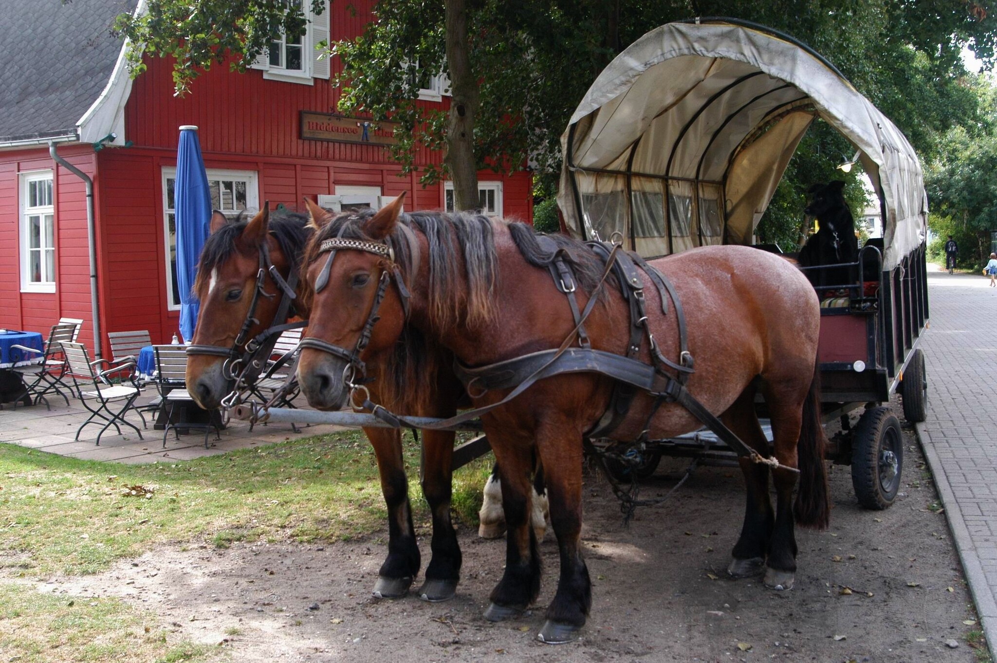 Eine Pferdekutsche mit zwei Pferden parkt vor einem roten Wirtshaus
