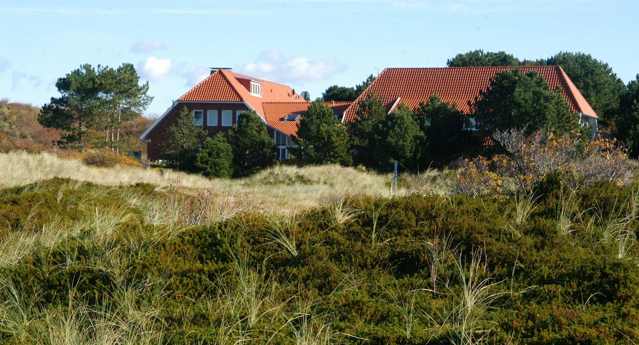 Ein großes Landhaus inmitten grasbedeckter Dünen