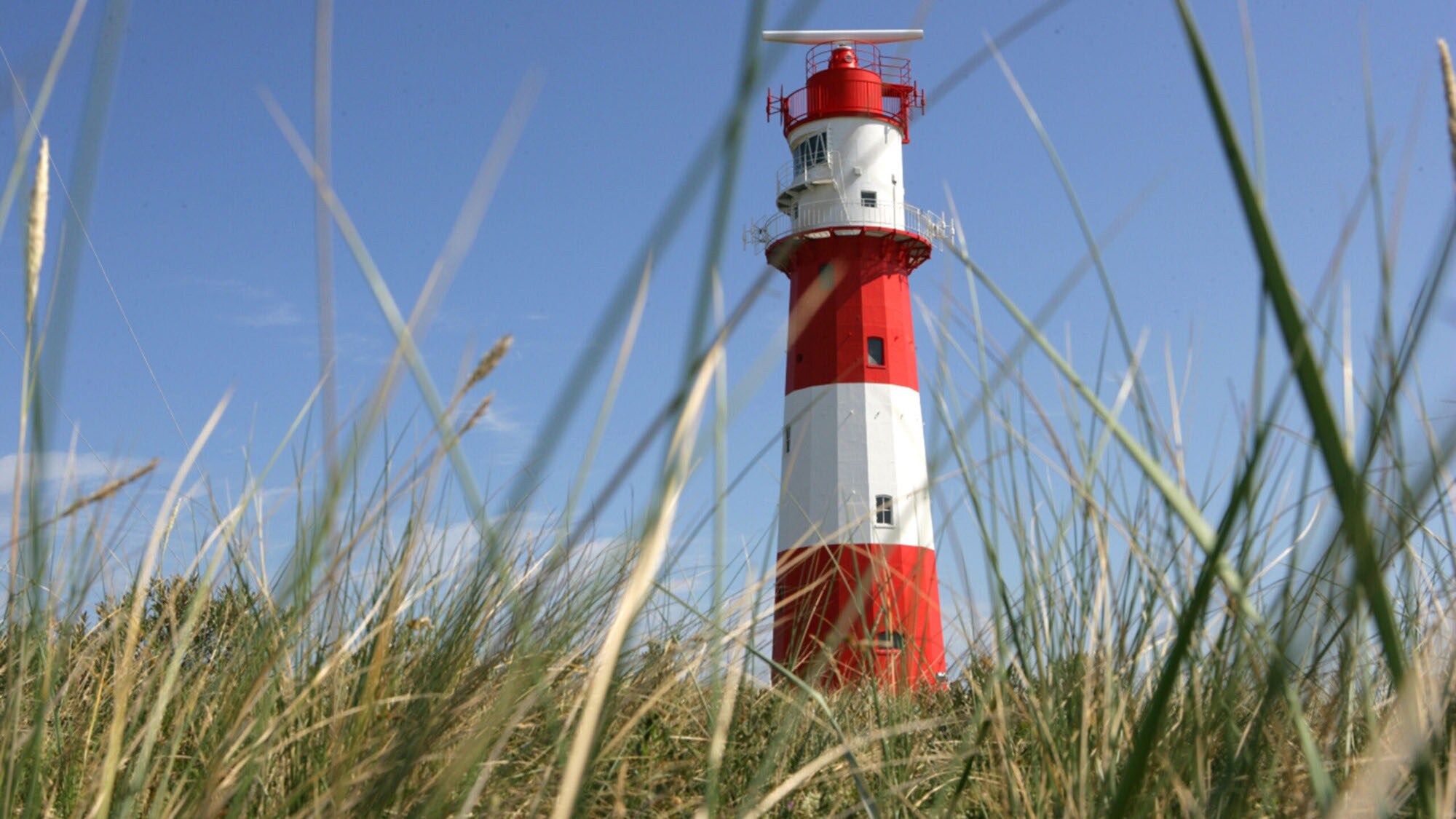 Ein rot-weiß gestreifter Leuchtturm mit Gräsern im Vordergrund