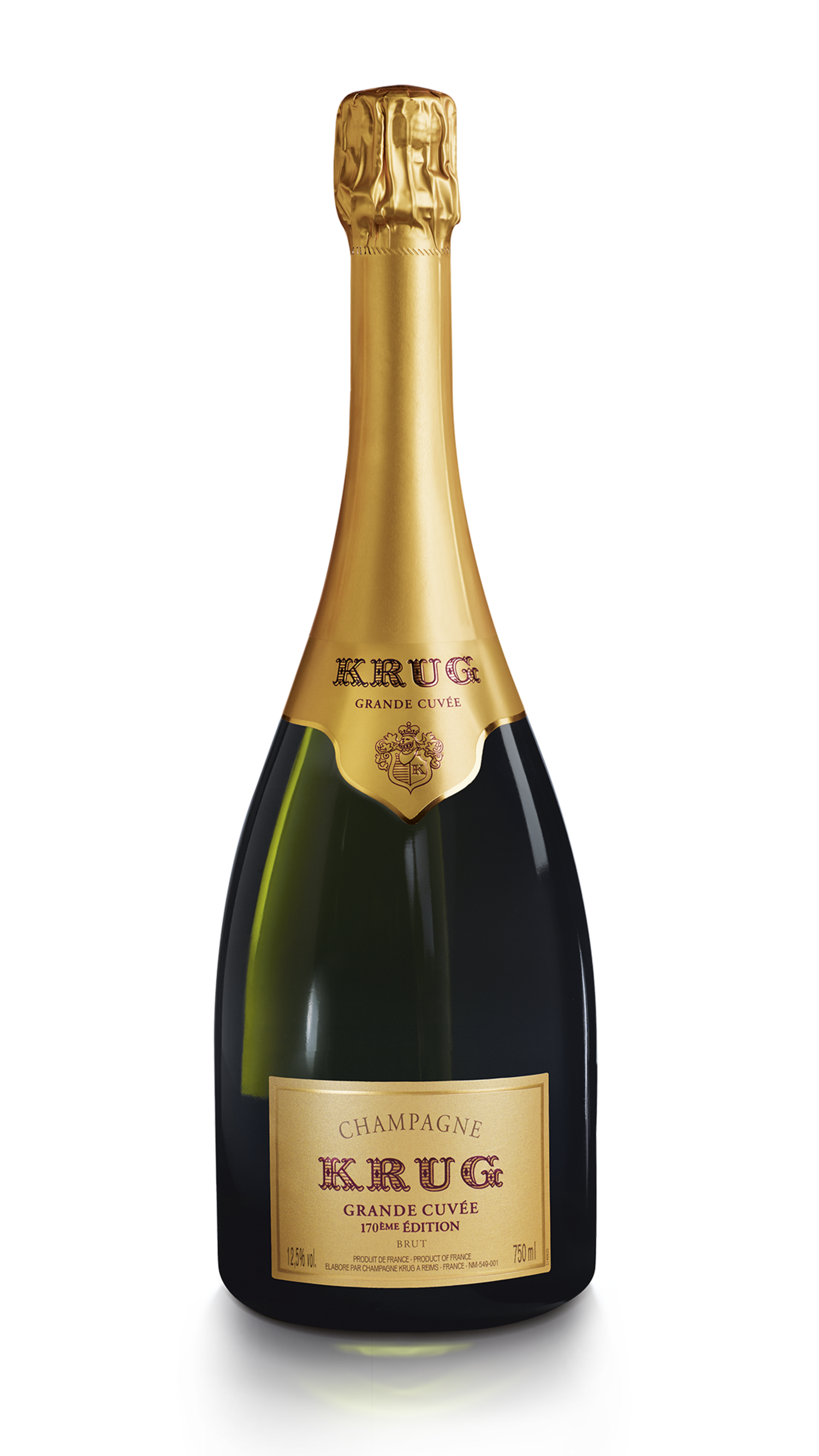 Eine grüne Champagnerflasche der Marke Krug mit goldenen Elementen. Eine grüne Champagnerflasche der Marke Krug mit goldenen Elementen.