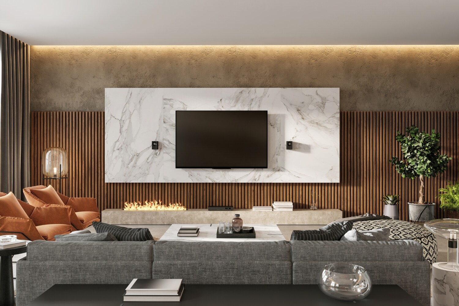 Blick auf ein Wohnzimmer mit Fernseher und Stereoboxen Blick auf ein Wohnzimmer mit Fernseher und Stereoboxen