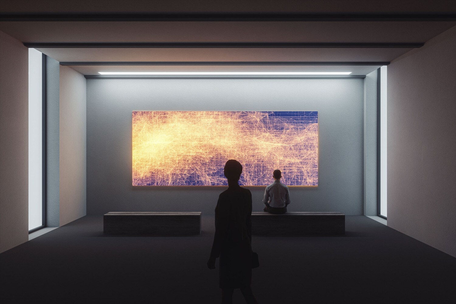 3D-Rendering einer Kunstgalerie mit zwei Personen, die ein großes, abstraktes Bild betrachten 3D-Rendering einer Kunstgalerie mit zwei Personen, die ein großes, abstraktes Bild betrachten