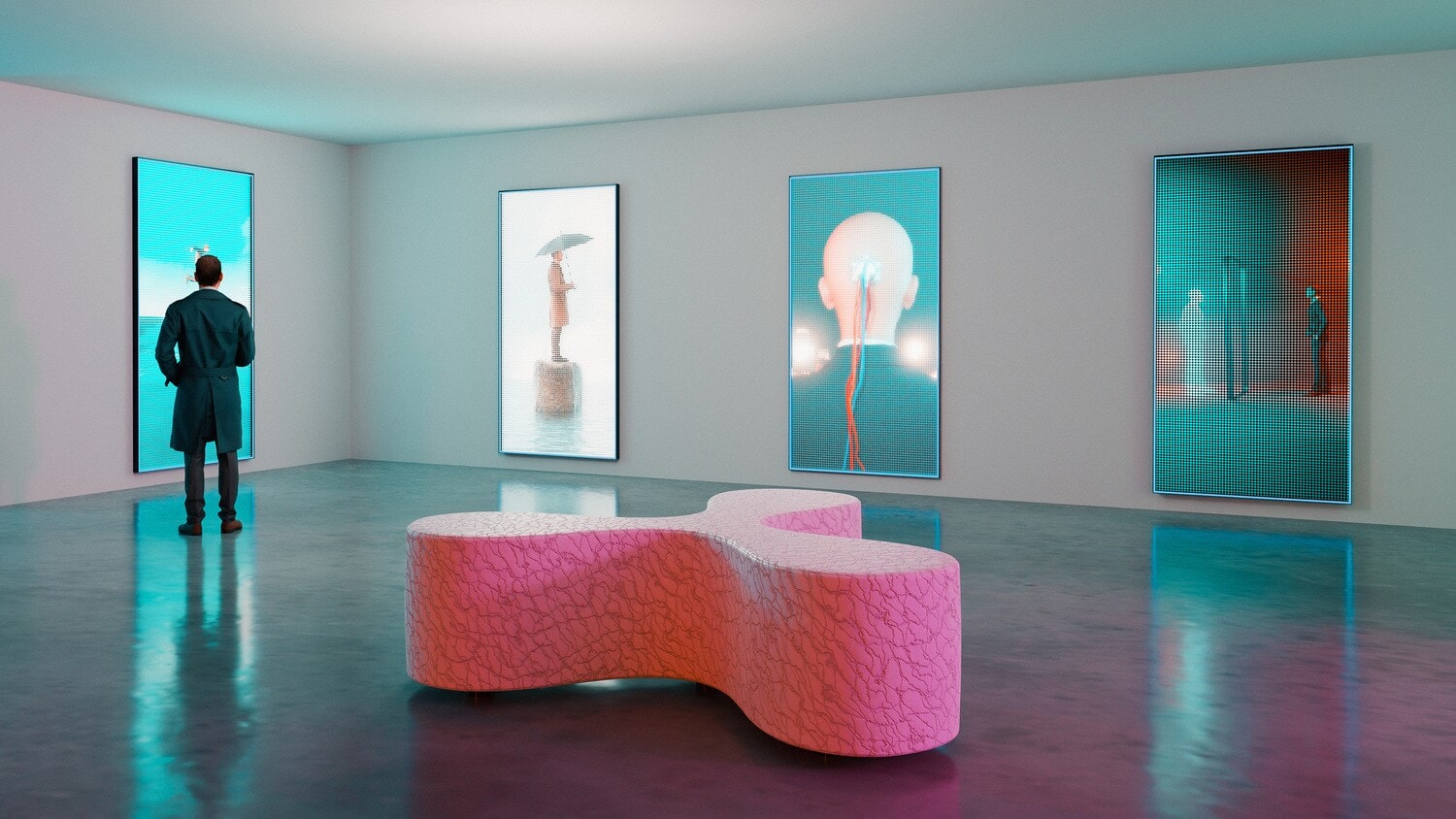 3D-Rendering eines modernen Ausstellungsraums mit digitalen Kunstwerken an den Wänden 3D-Rendering eines modernen Ausstellungsraums mit digitalen Kunstwerken an den Wänden