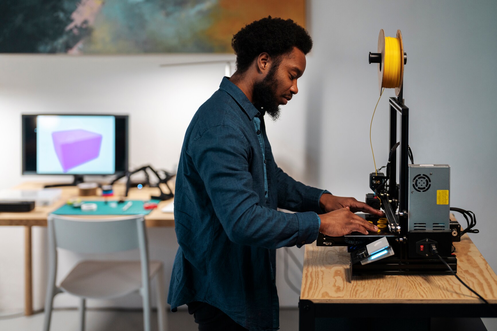 Profilansicht eines Mannes, der in einem häuslichen Arbeitszimmer einen 3D-Drucker bedient