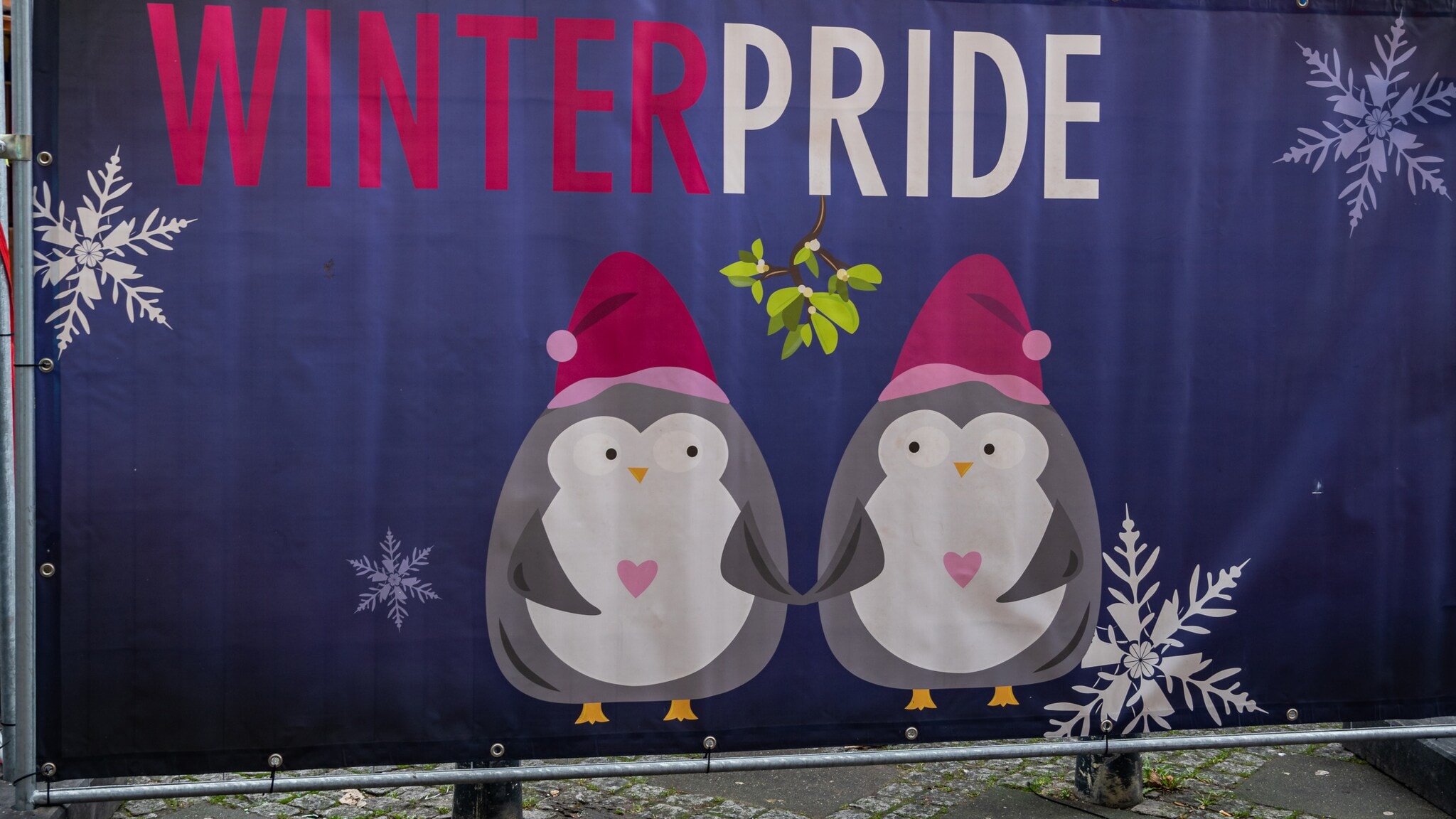 Zaunbanner mit der Aufschrift Winter Pride und einer Illustration zweier Pinguine, die Händchen halten Zaunbanner mit der Aufschrift Winter Pride und einer Illustration zweier Pinguine, die Händchen halten