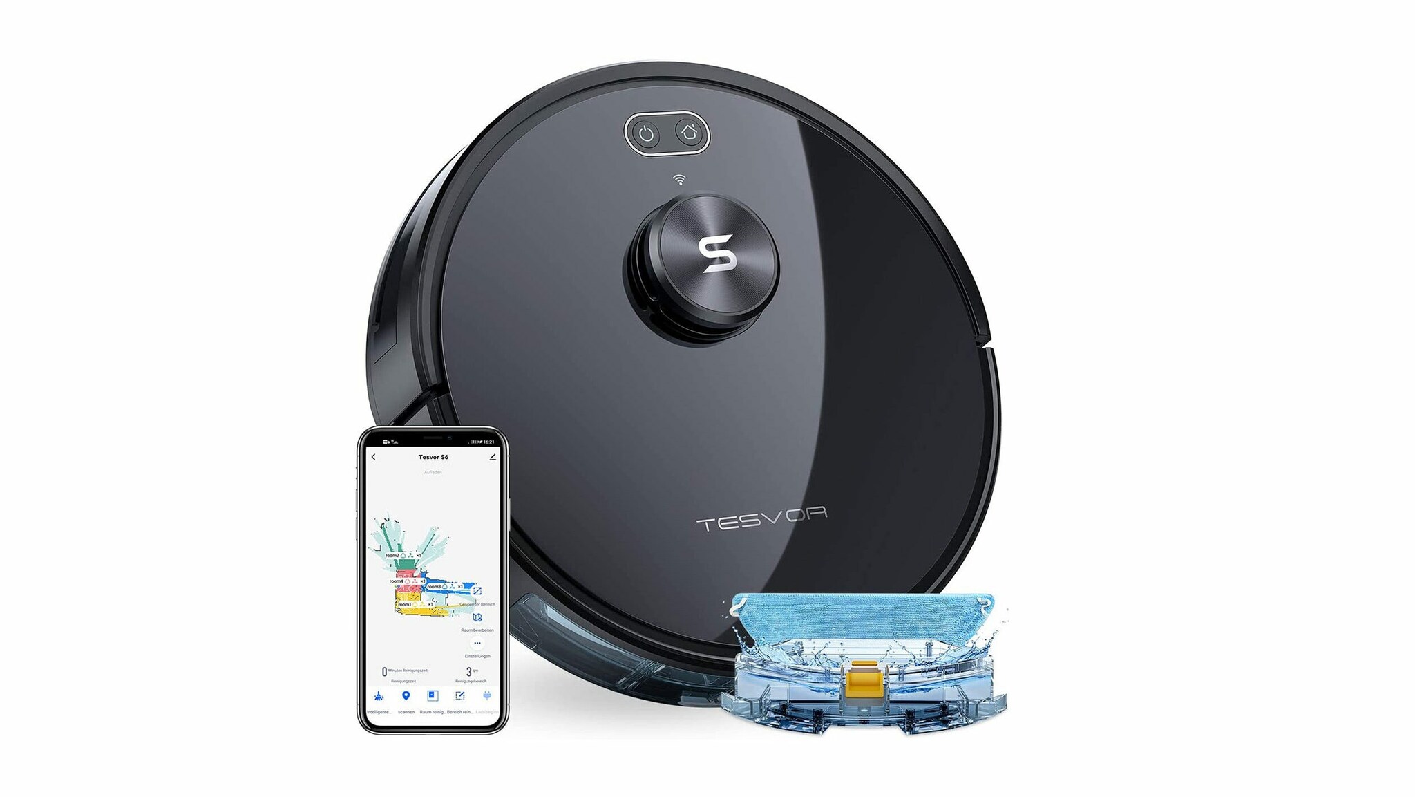 Produktbild eines Saug- und Wischroboters inklusive App-Ansicht.