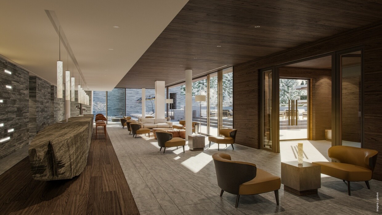 Elegante Hotellobby mit Designermöbeln und Ausblick auf eine Winterlandschaft