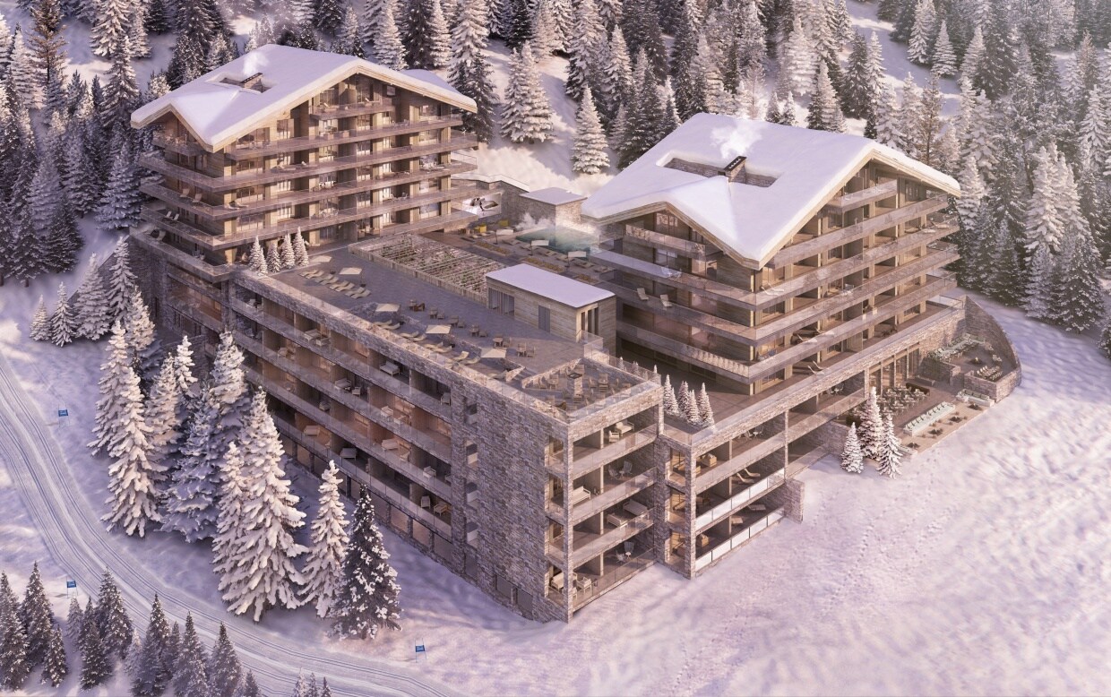 Rendering eines modernen Resorts umgeben von einer Winterlandschaft