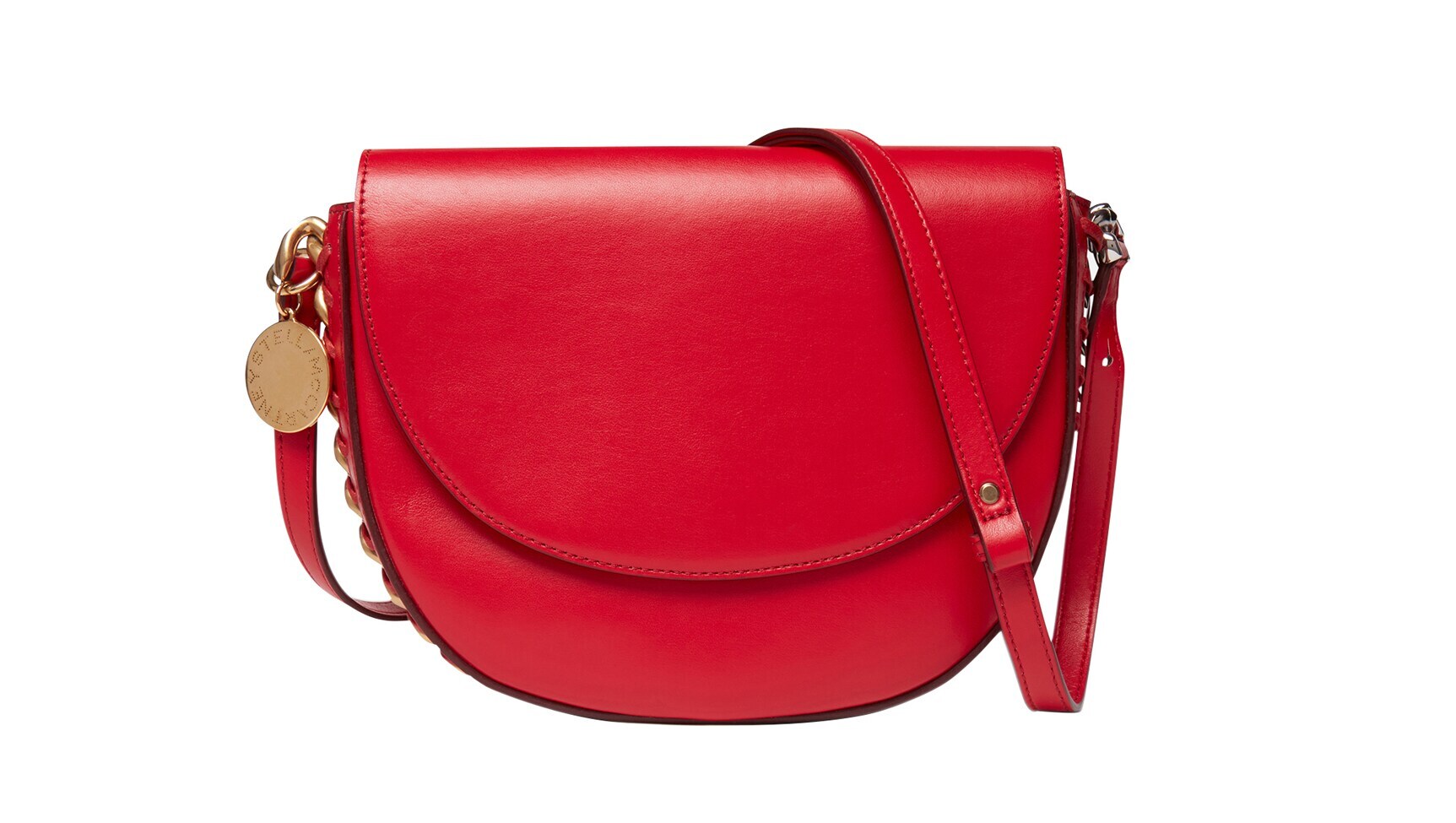 Rote, halb-ovale Umhängetasche Frayme. Sie hat einen schmalen Riemen, eine zopfförmige Goldkette und einen kreisrunden Anhänger. Rote, halb-ovale Umhängetasche Frayme. Sie hat einen schmalen Riemen, eine zopfförmige Goldkette und einen kreisrunden Anhänger.