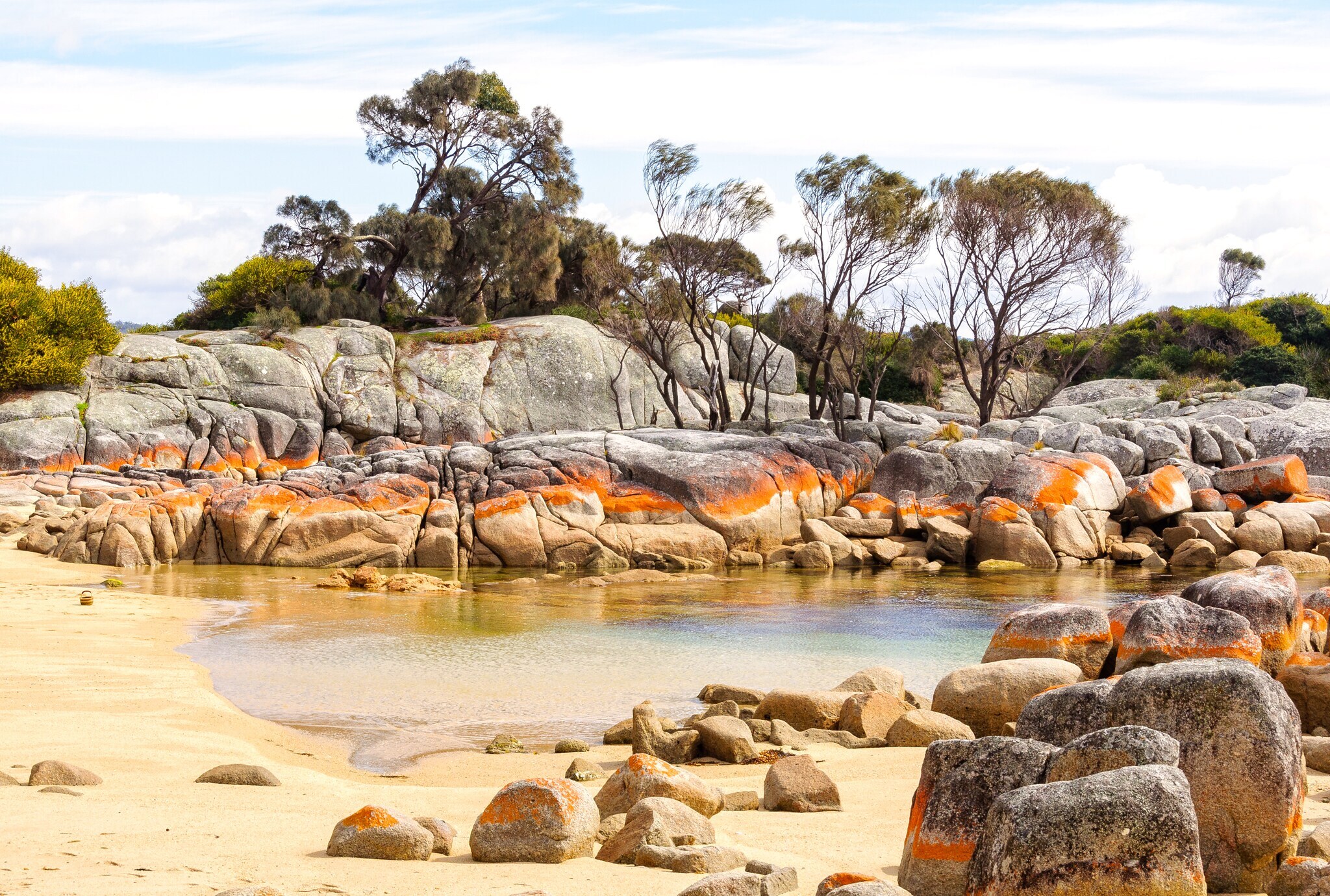 Eine Bucht in Australien mit Strand, Bäumen und rot-grauen Felsen.