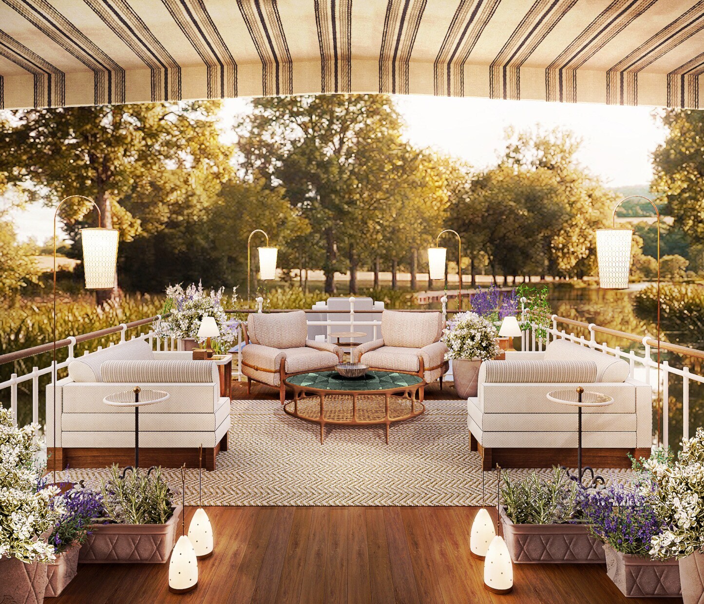 Sitzmöbel an Deck eines Hausboots, im Hintergrund Bäume und ein Fluss