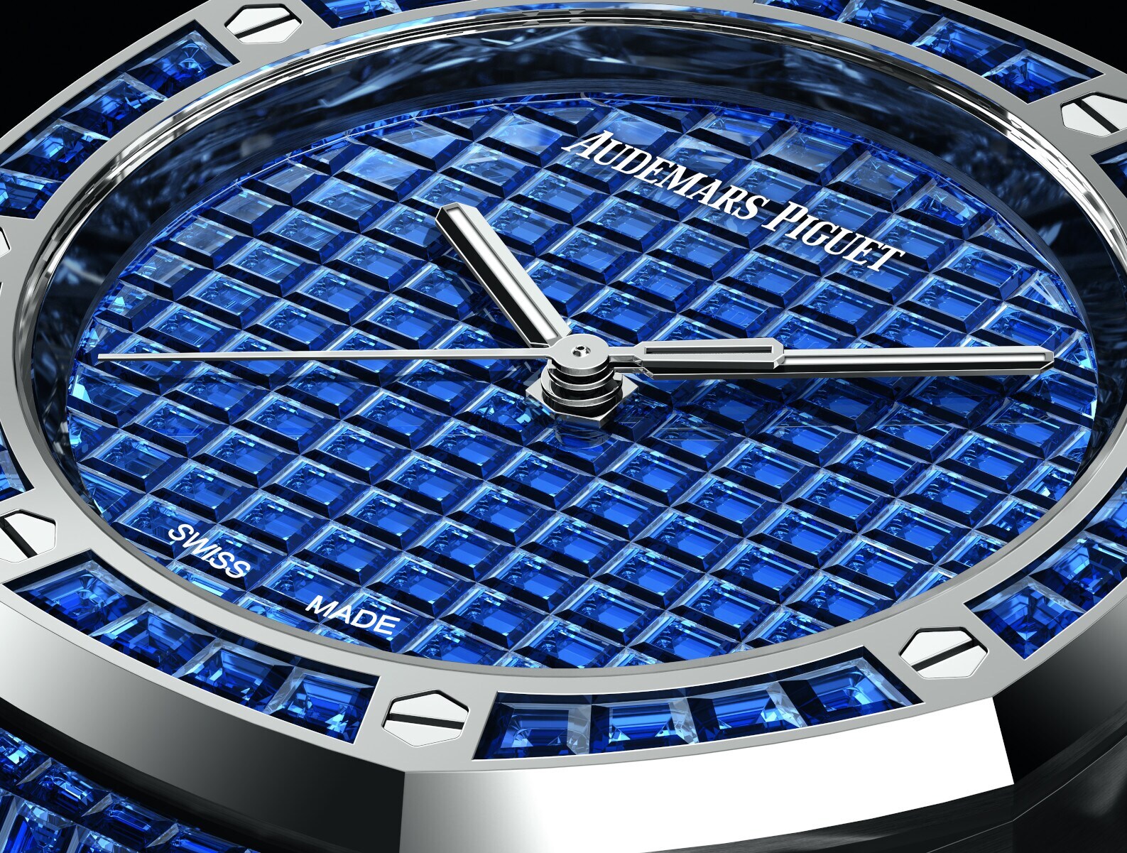 Ziffernblatt mit blauen Edelsteinen besetzt und dem Logo von Audemars Piguet