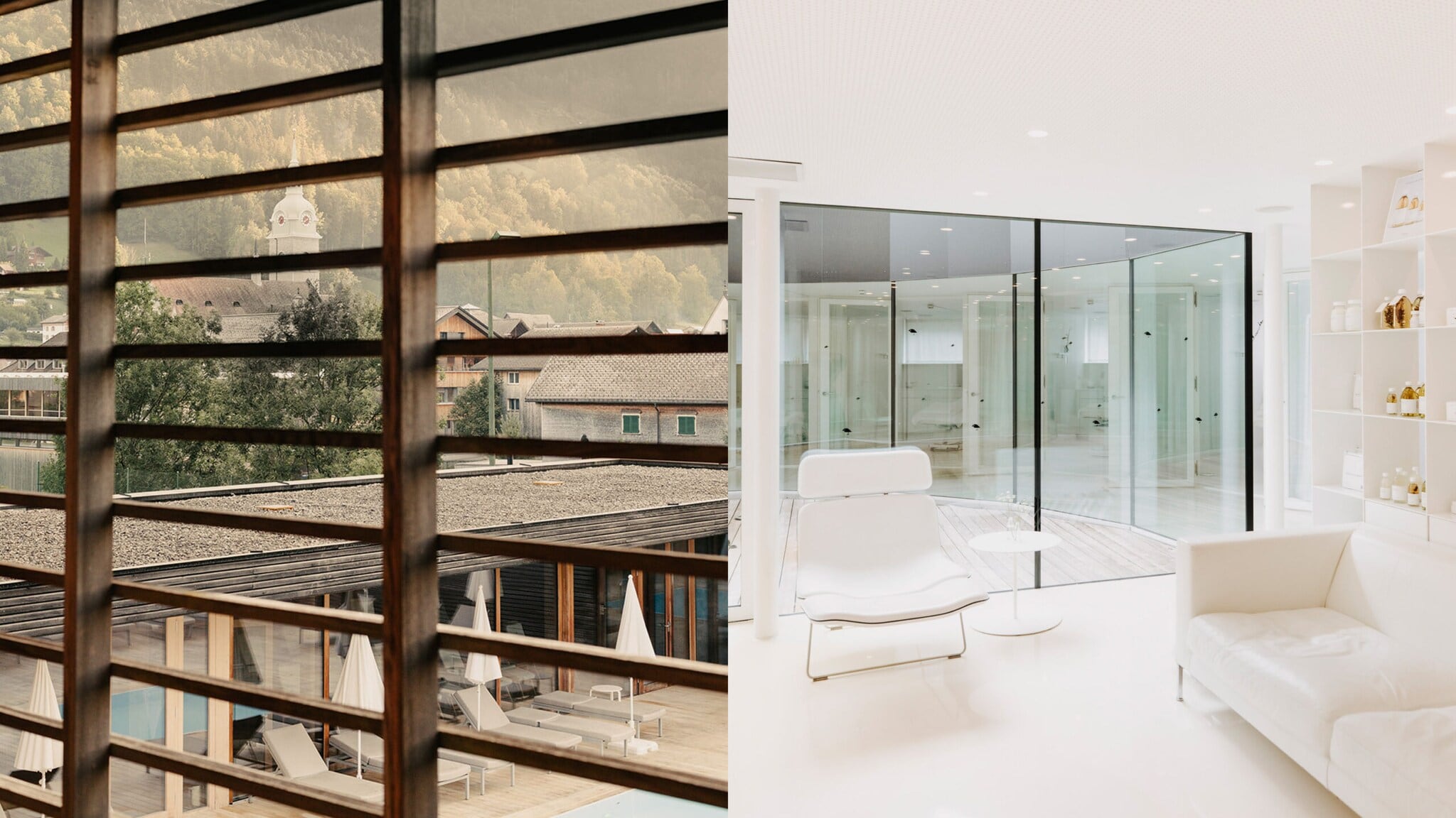 Collage des Spa-Bereichs im Hotel Post by Susanne Kaufmann, links der Blick nach draußen auf die Poollandschaft, recht ein weißer Behandlungsraum mit Sesseln und einem Sofa, im Hintergrund Regale, die mit Produkten gefüllt sind. Collage des Spa-Bereichs im Hotel Post by Susanne Kaufmann, links der Blick nach draußen auf die Poollandschaft, recht ein weißer Behandlungsraum mit Sesseln und einem Sofa, im Hintergrund Regale, die mit Produkten gefüllt sind.