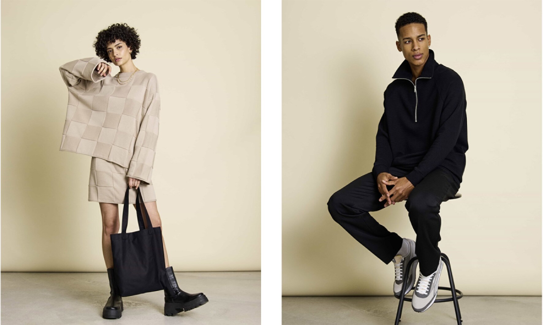 Collage aus zwei Bildern, auf denen ein weibliches und ein männliches Model Mode präsentieren