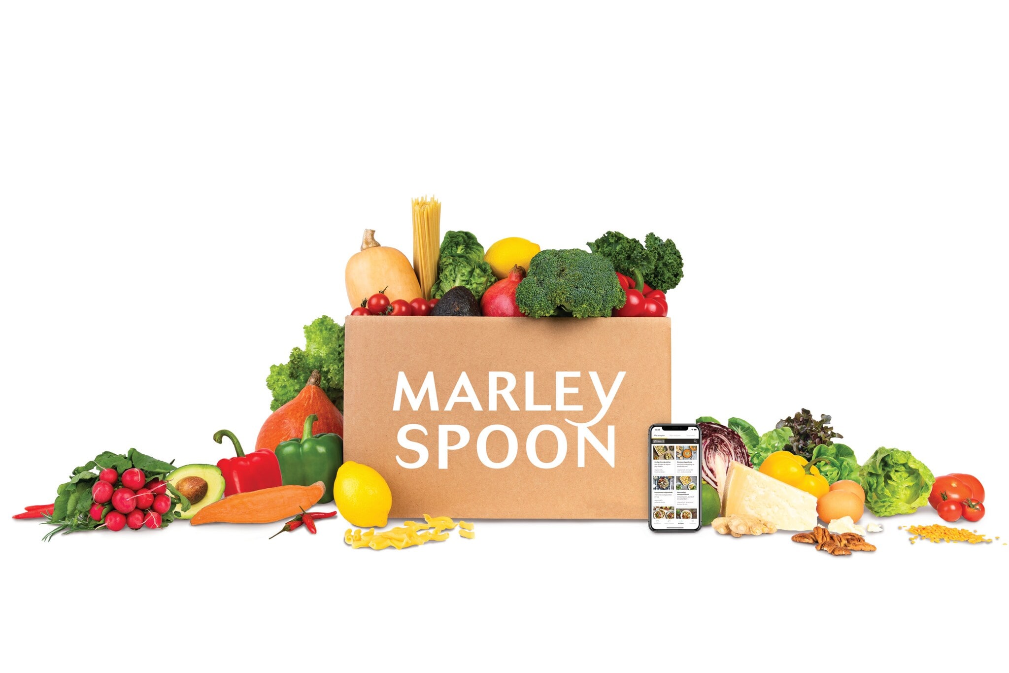 Karton voller Gemüse mit dem Logo von Marley Spoon Karton voller Gemüse mit dem Logo von Marley Spoon