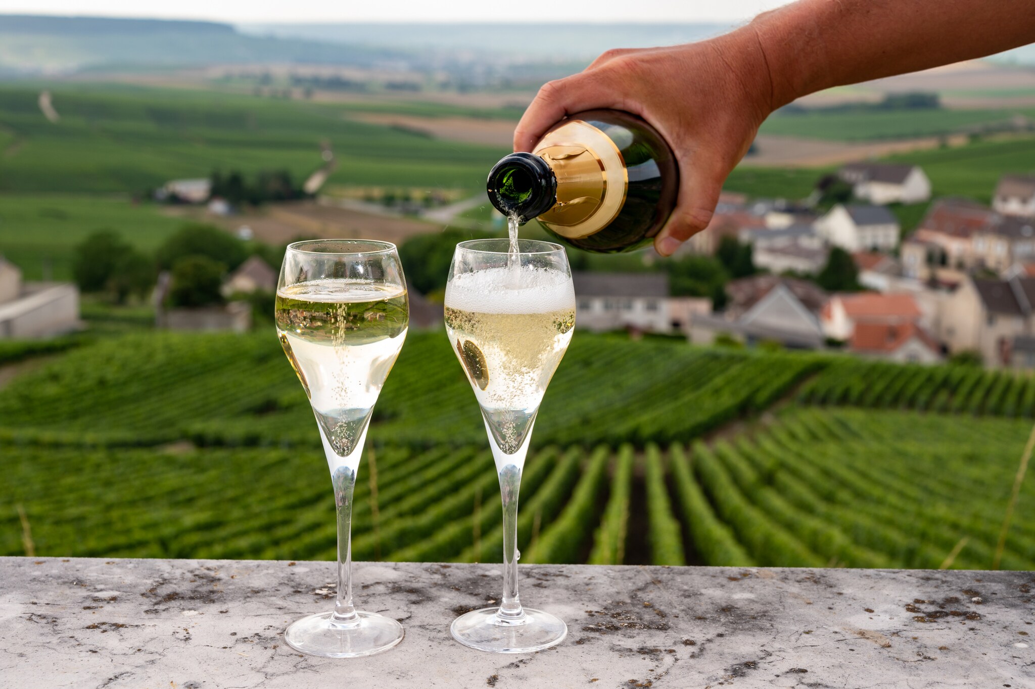 Verkostung von Brut und Demi-Sec Weißchampagner-Sekt aus speziellen Flötengläsern mit Champagner-Weinbergen im Hintergrund in der Nähe von Cramant, Frankreich