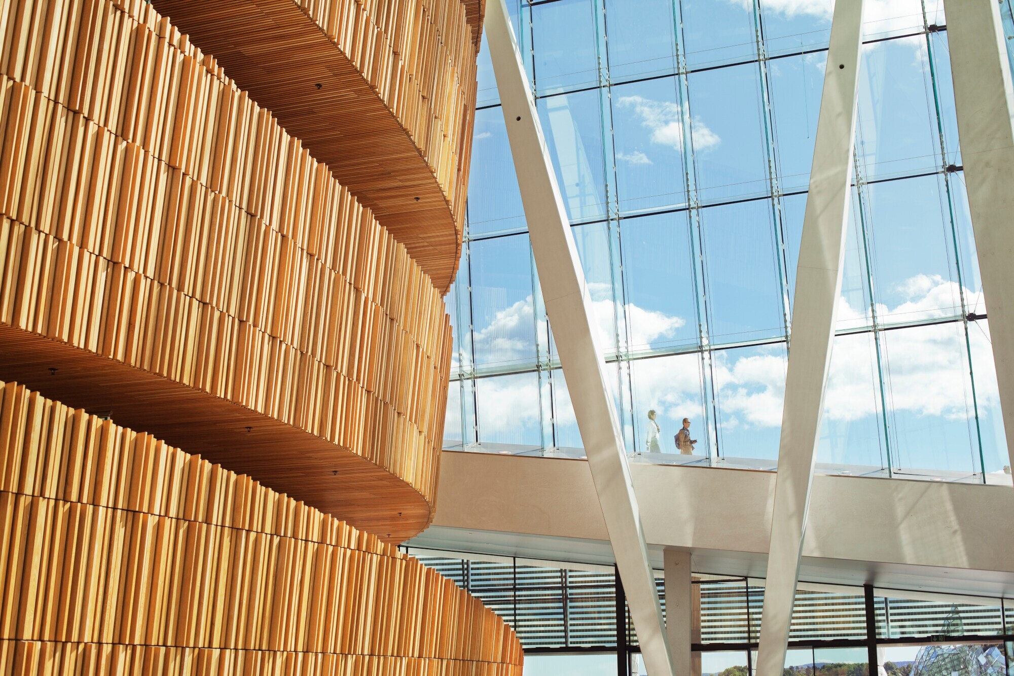 Das Innere eines modernen Gebäudes mit Holzkonstruktionen und Glasfassade mit Blick in den Himmel