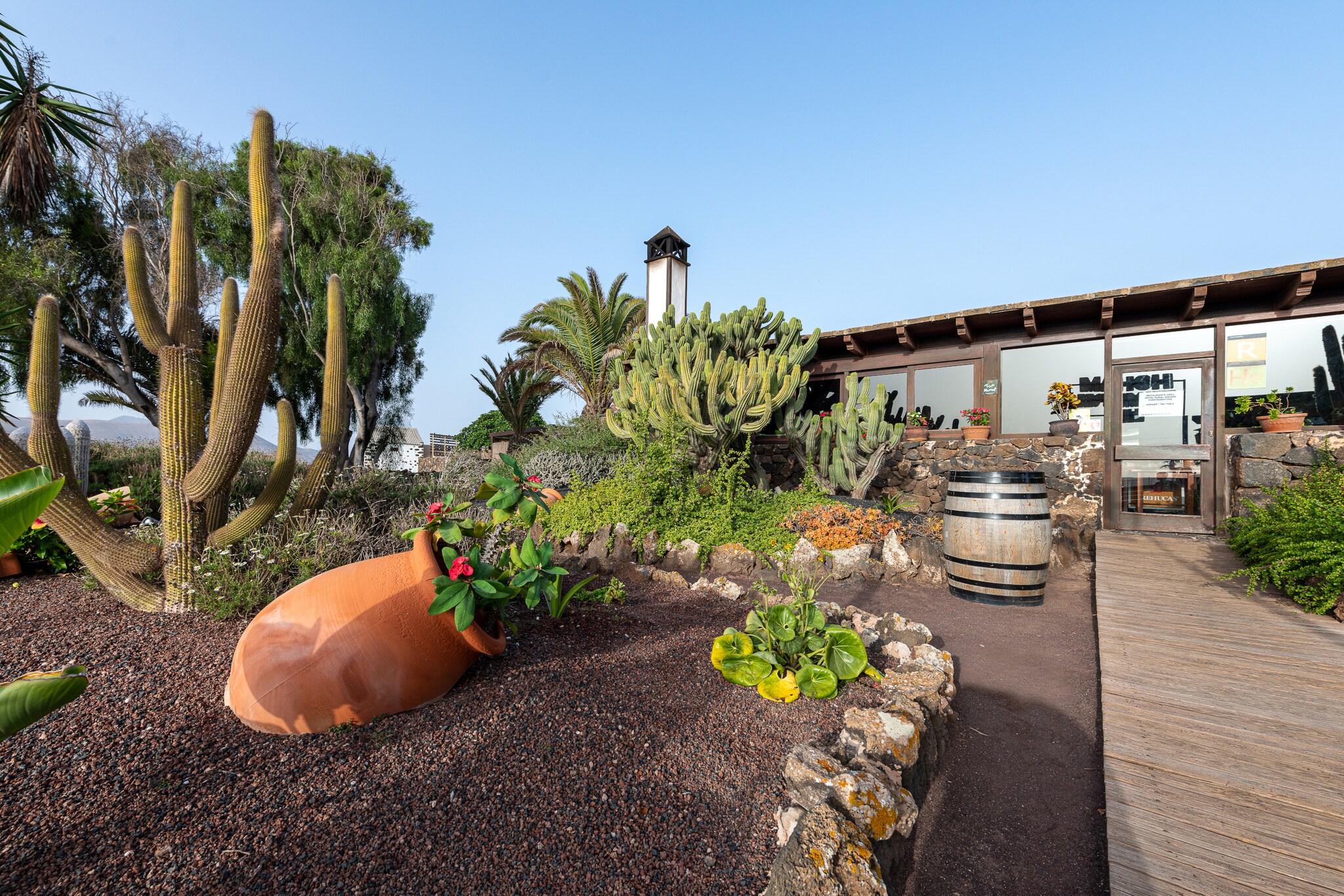 Zugang zu einem Restaurant durch einen mediterranen Garten mit Kakteen