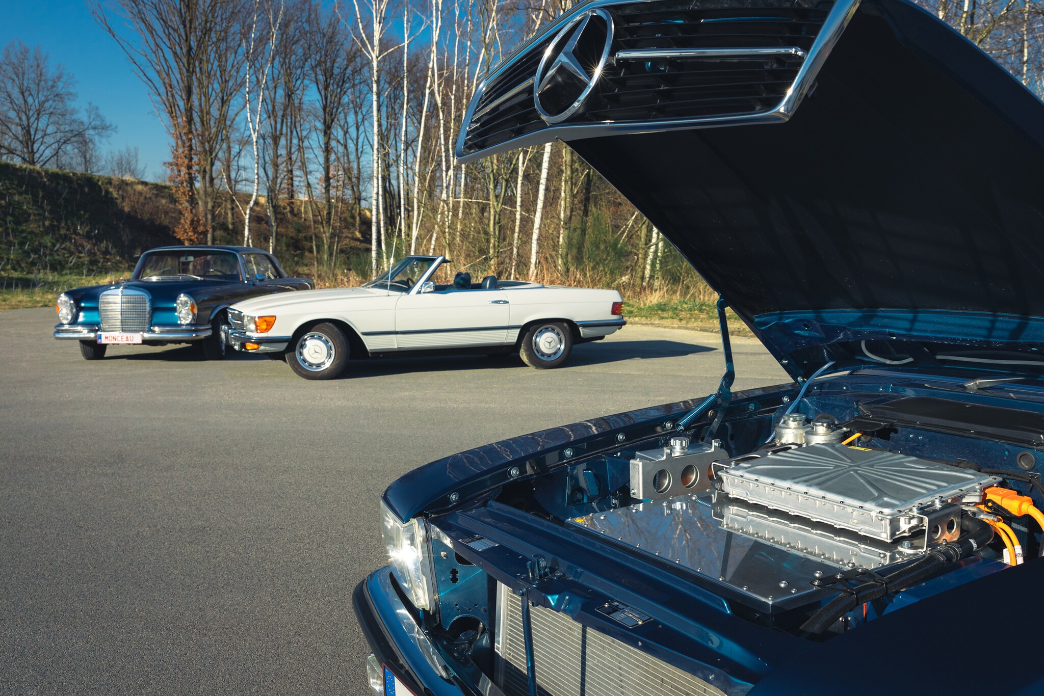 Drei Oldtimer von Mercedes mit E-Motor Drei Oldtimer von Mercedes mit E-Motor