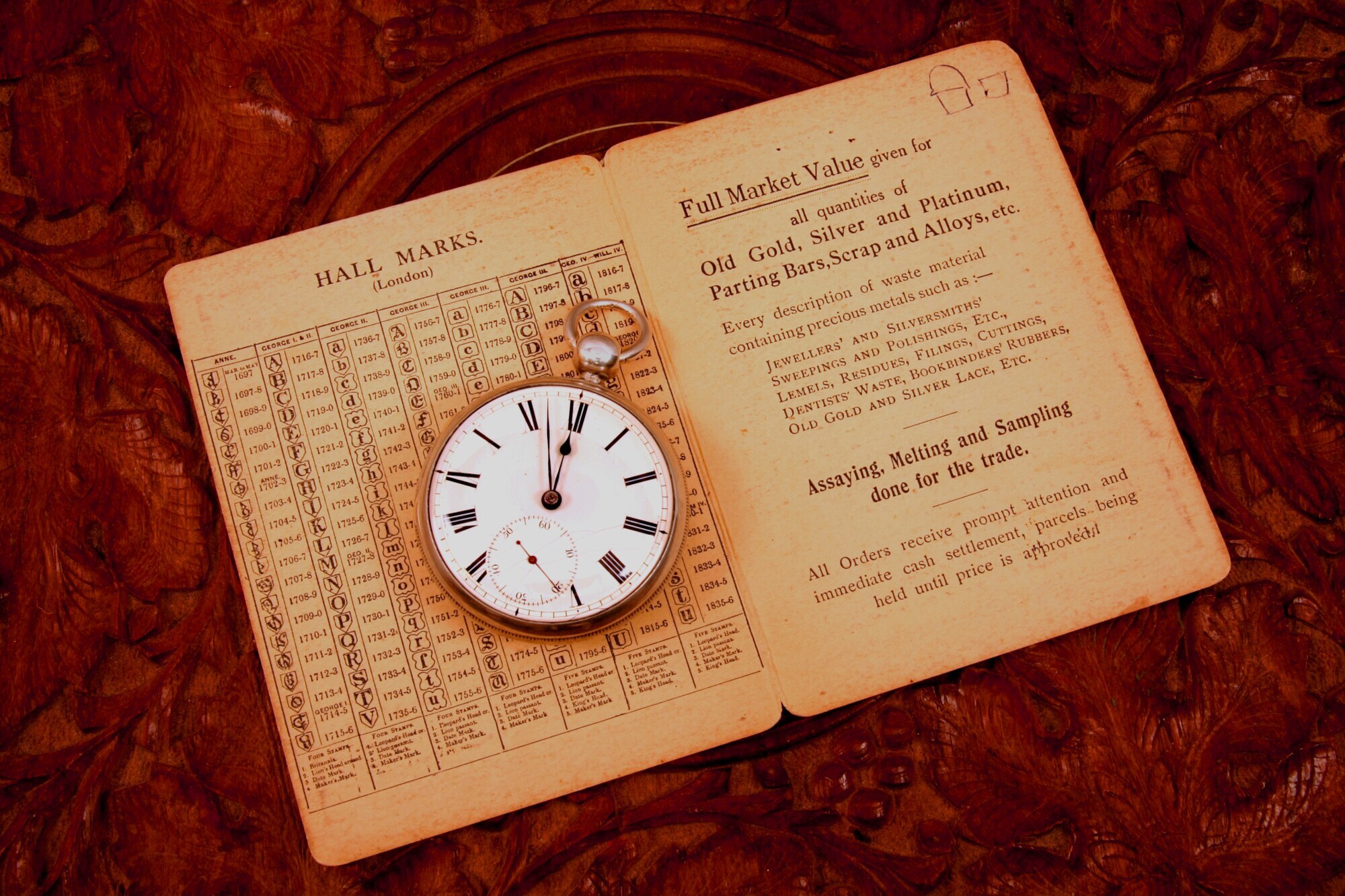 Antike Taschenuhr auf Vintage-Dokument und geschnitztem antiken Tisch Antike Taschenuhr auf Vintage-Dokument und geschnitztem antiken Tisch