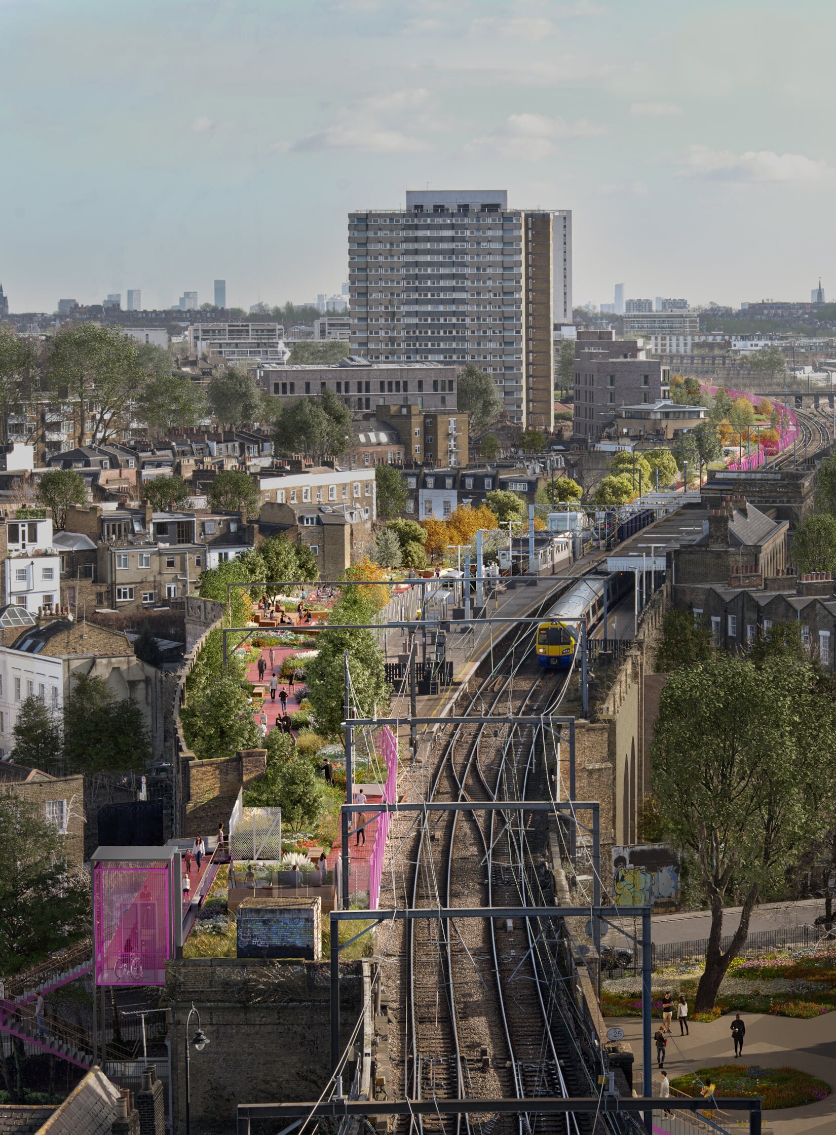 Camden-Highline-Park-London Ein Grünstreifen neben den Gleisen einer Hochbahn in einer Gro´stadt