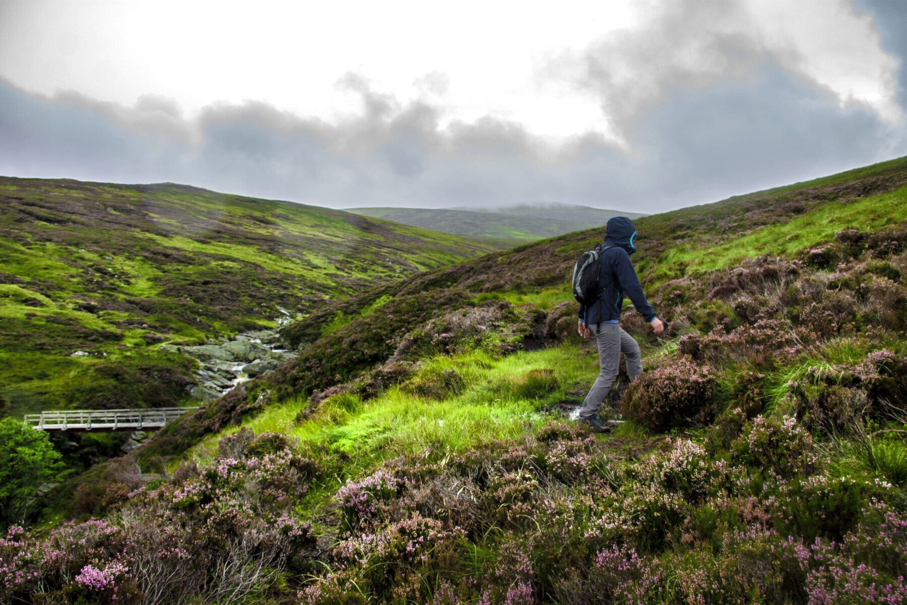 Eine Person wandert bei bewölktem Wetter über grüne Hügel, zwischen die sich ein kleines Flussbett schlängelt