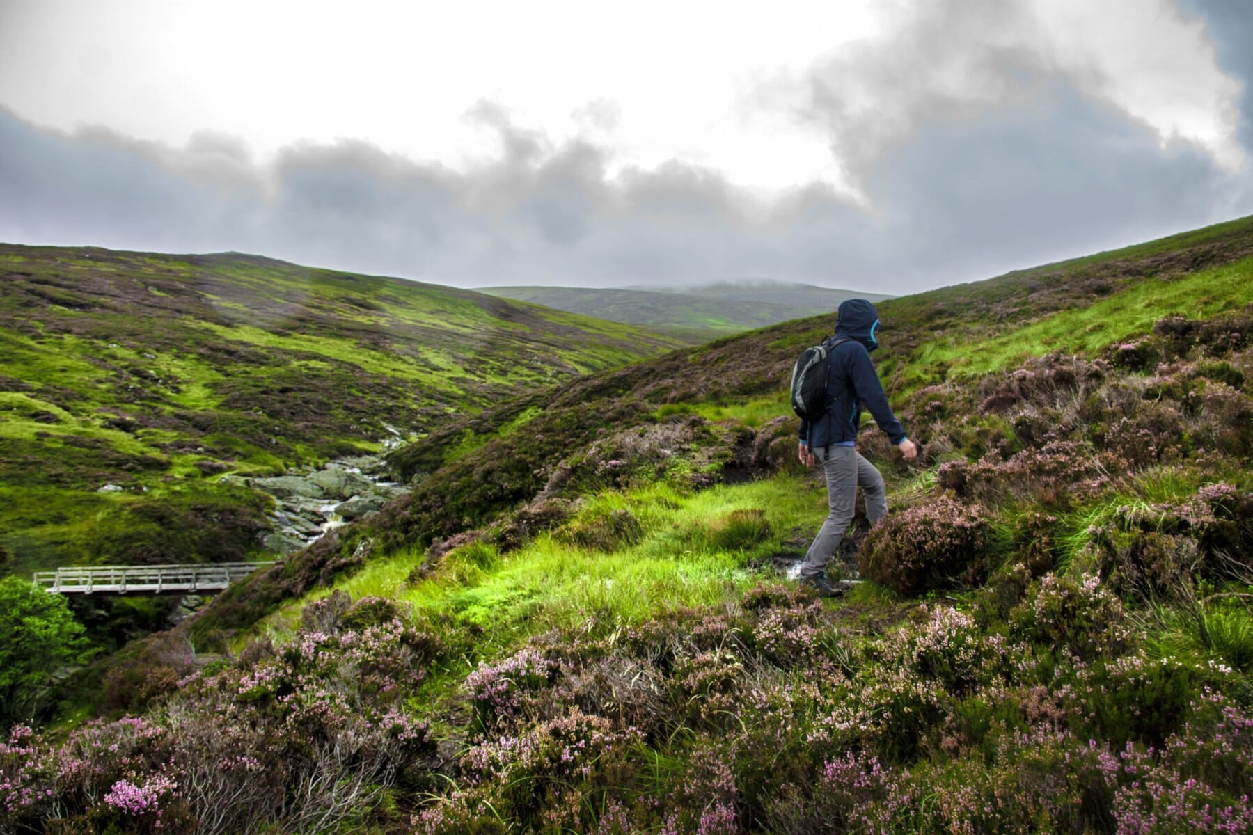 Eine Person wandert bei bewölktem Wetter über grüne Hügel, zwischen die sich ein kleines Flussbett schlängelt Eine Person wandert bei bewölktem Wetter über grüne Hügel, zwischen die sich ein kleines Flussbett schlängelt