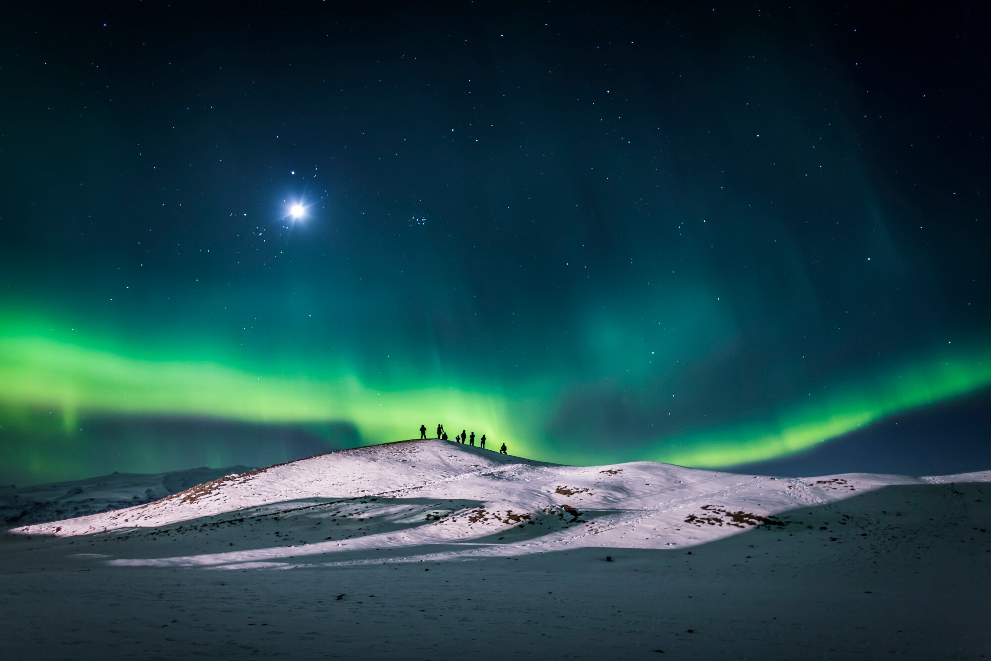 Eine Personengruppe steht in einer Schneelandschaft unter einem grünen Polarlicht am Nachthimmel