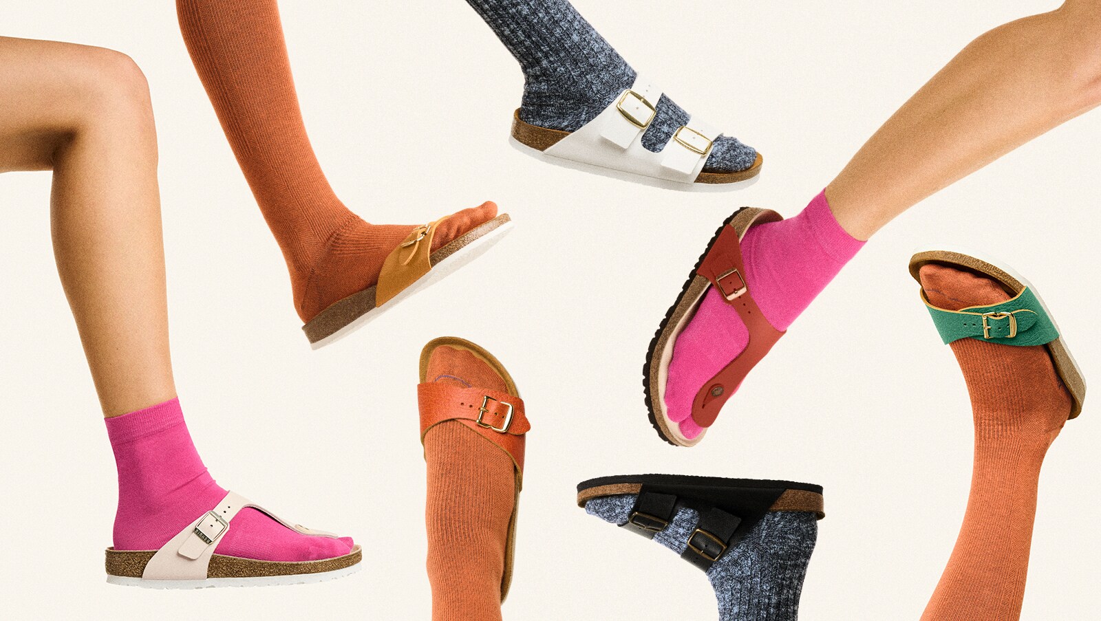 Übersicht verschiedener Sandalenmodelle der Marke Birkenstock an mit Socken bekleideten Füßen Übersicht verschiedener Sandalenmodelle der Marke Birkenstock an mit Socken bekleideten Füßen