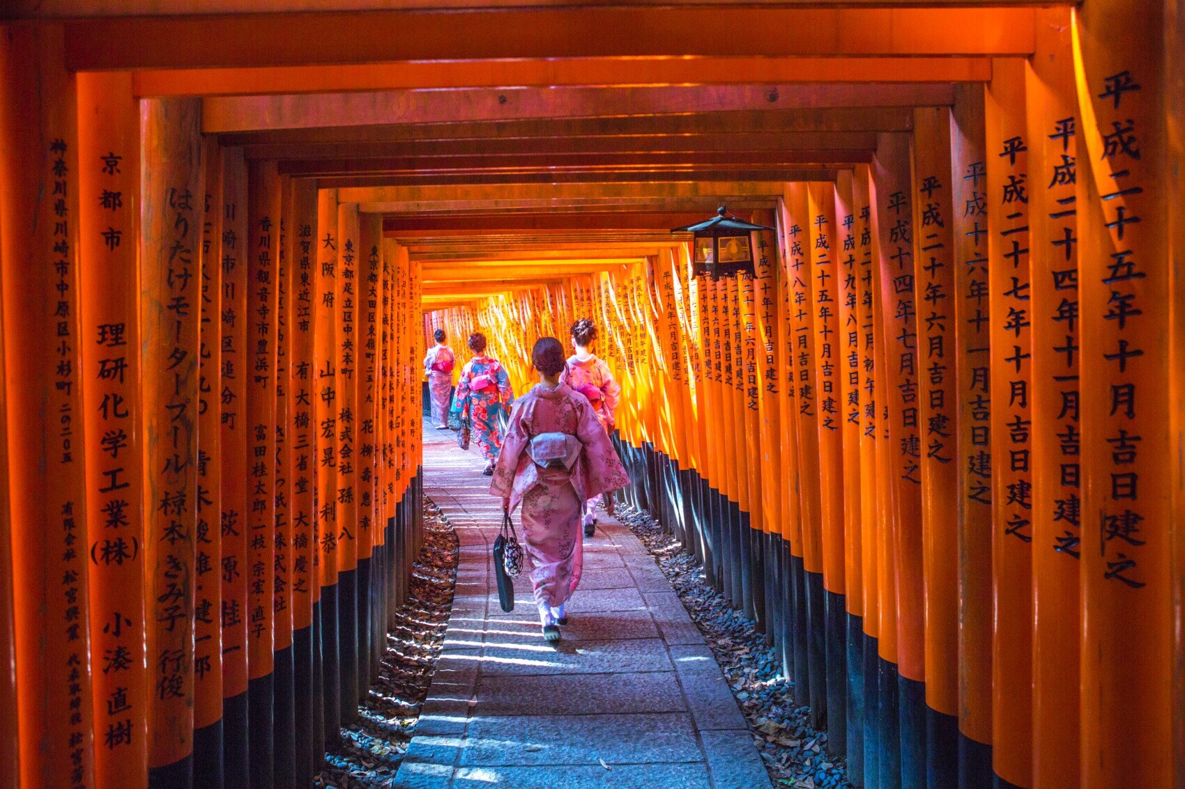 Junge japanische Mädchen im Kimono gehen durch die Tore des Fushimi-Inari-Tempels in Kyoto