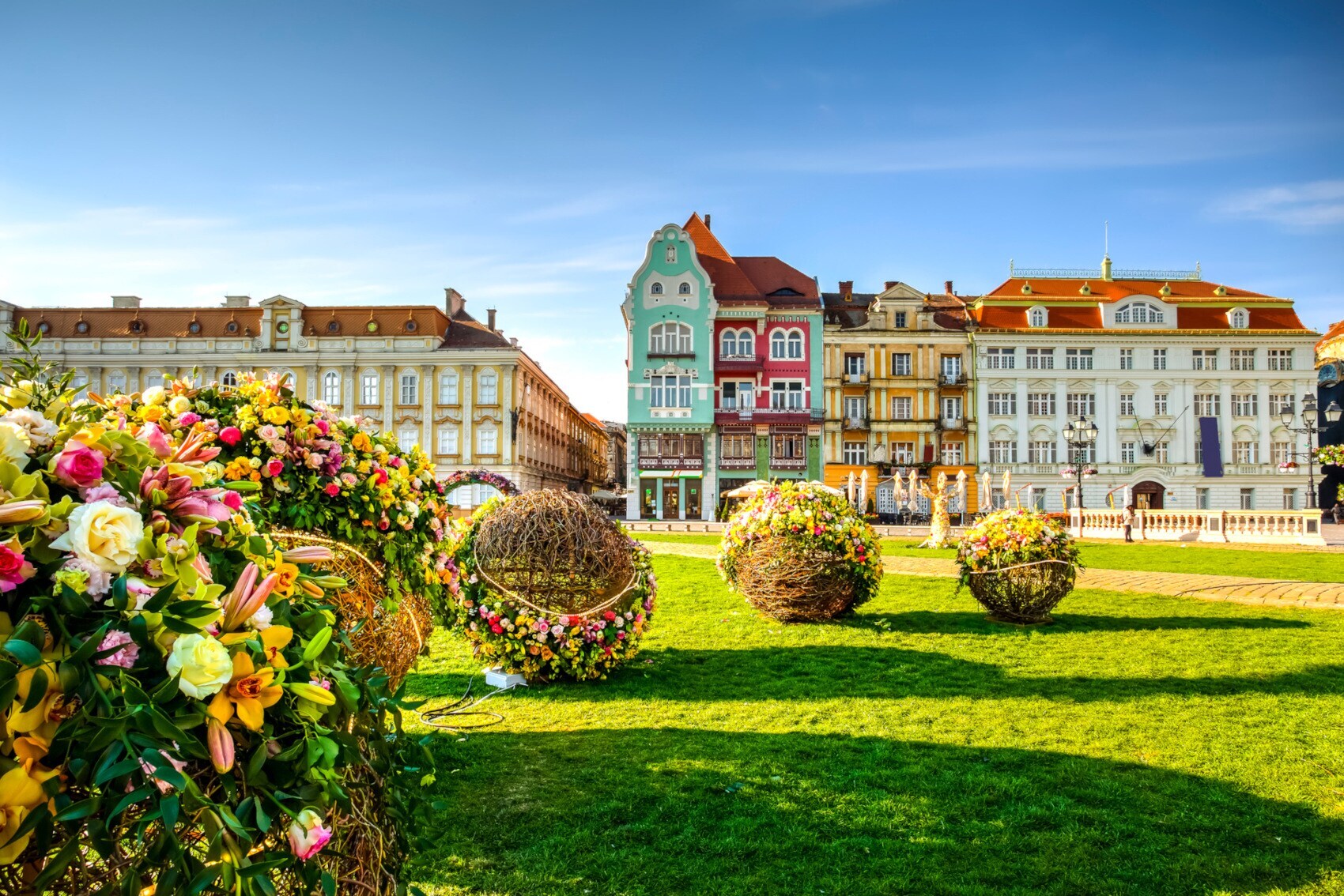 Gebäude und Blumendekor in Timisoara, Rumänien