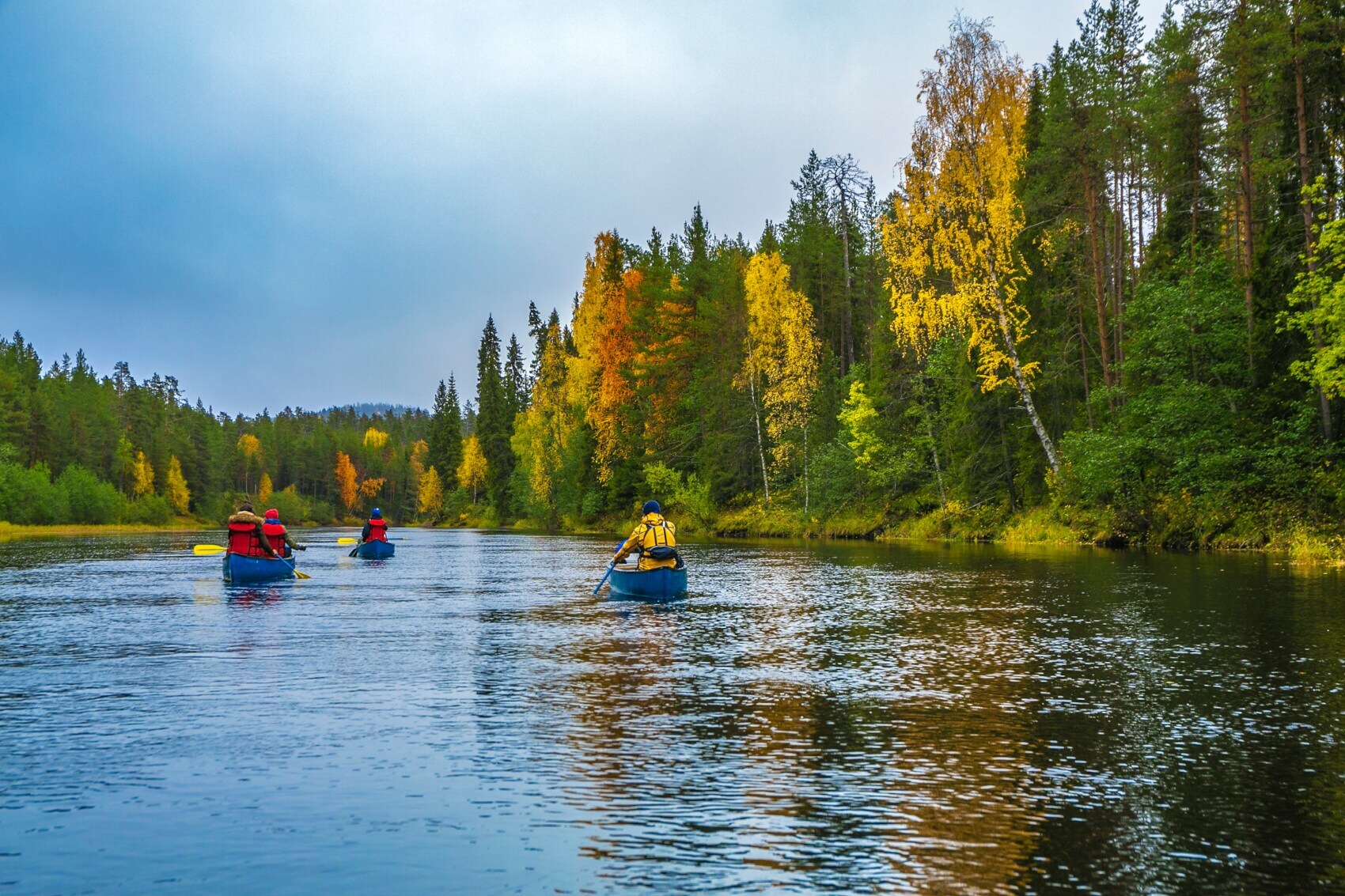 Rückansicht von Personen in drei Kanus auf einem Fluss in herbstlicher Waldlandschaft Rückansicht von Personen in drei Kanus auf einem Fluss in herbstlicher Waldlandschaft