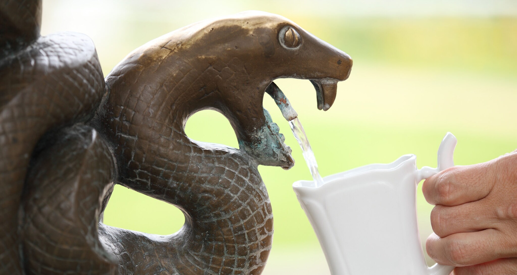 Eine Hand hält eine weiße Tasse unter einen Wasserhahn in Form einer Schlange