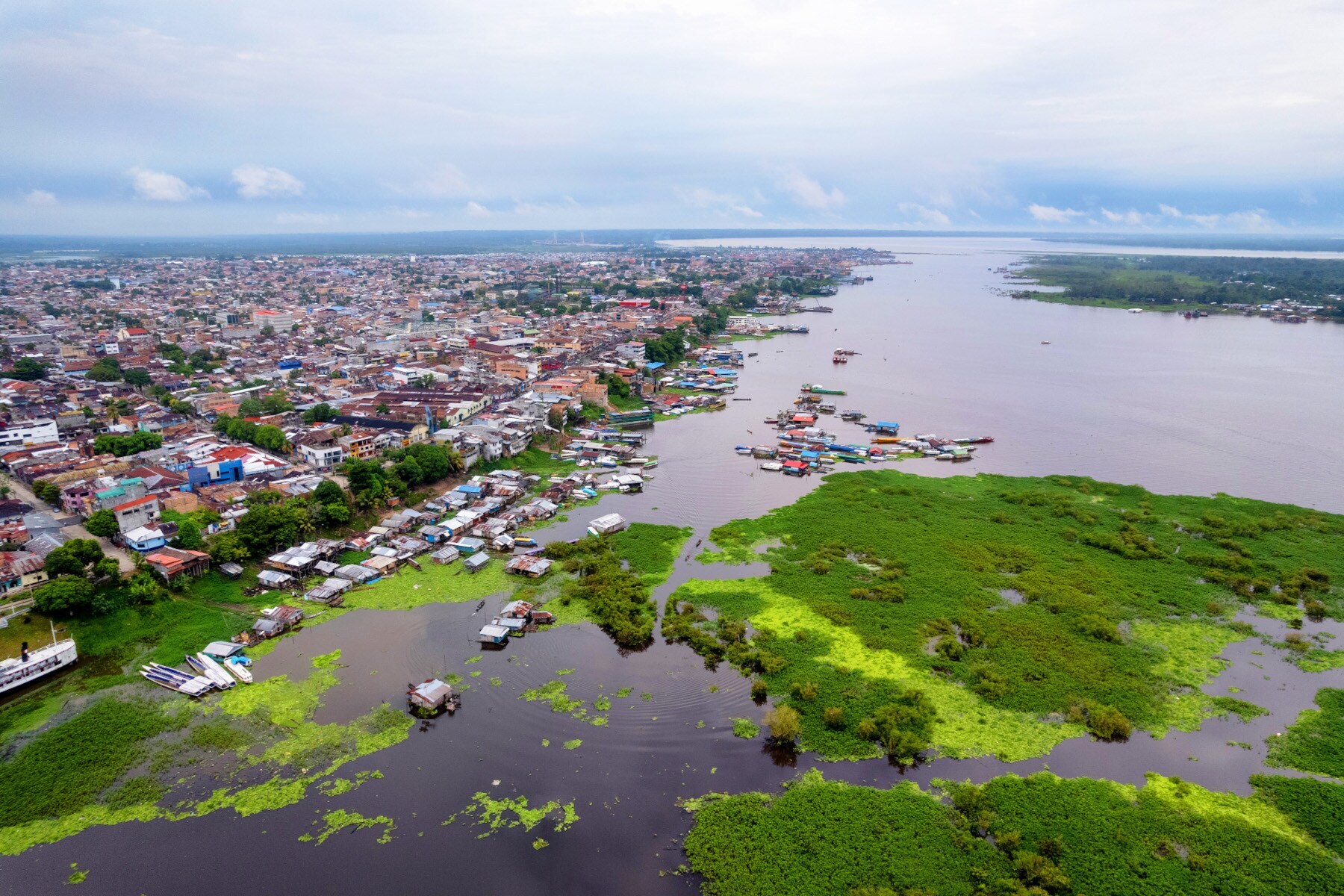 Eine große Stadt, umgeben von Wasser und Regenwald