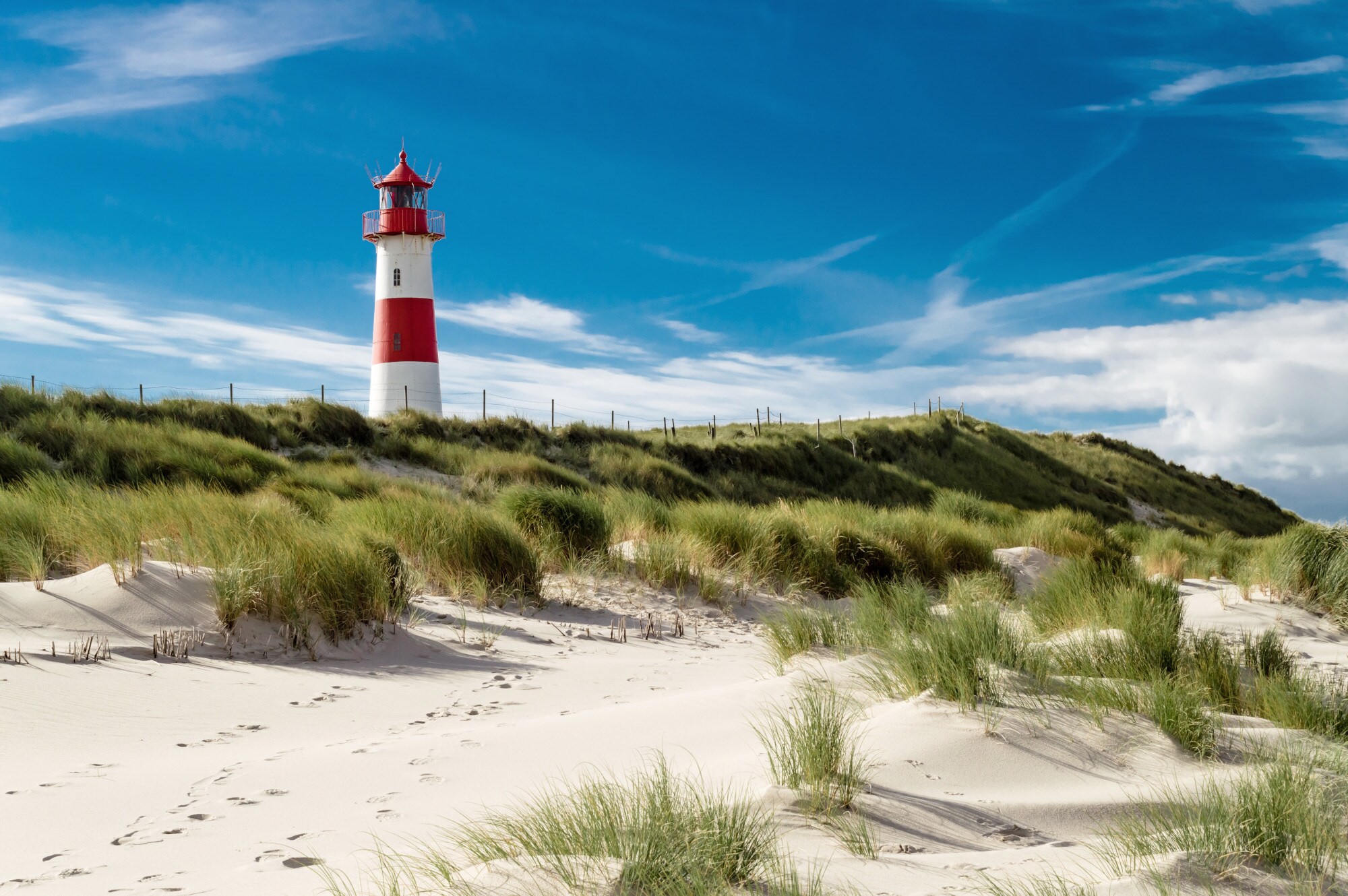 Ein rot-weiß geringelter Leuchtturm in einer grasbewachsenen Dünenlandschaft vor blauem Himmel