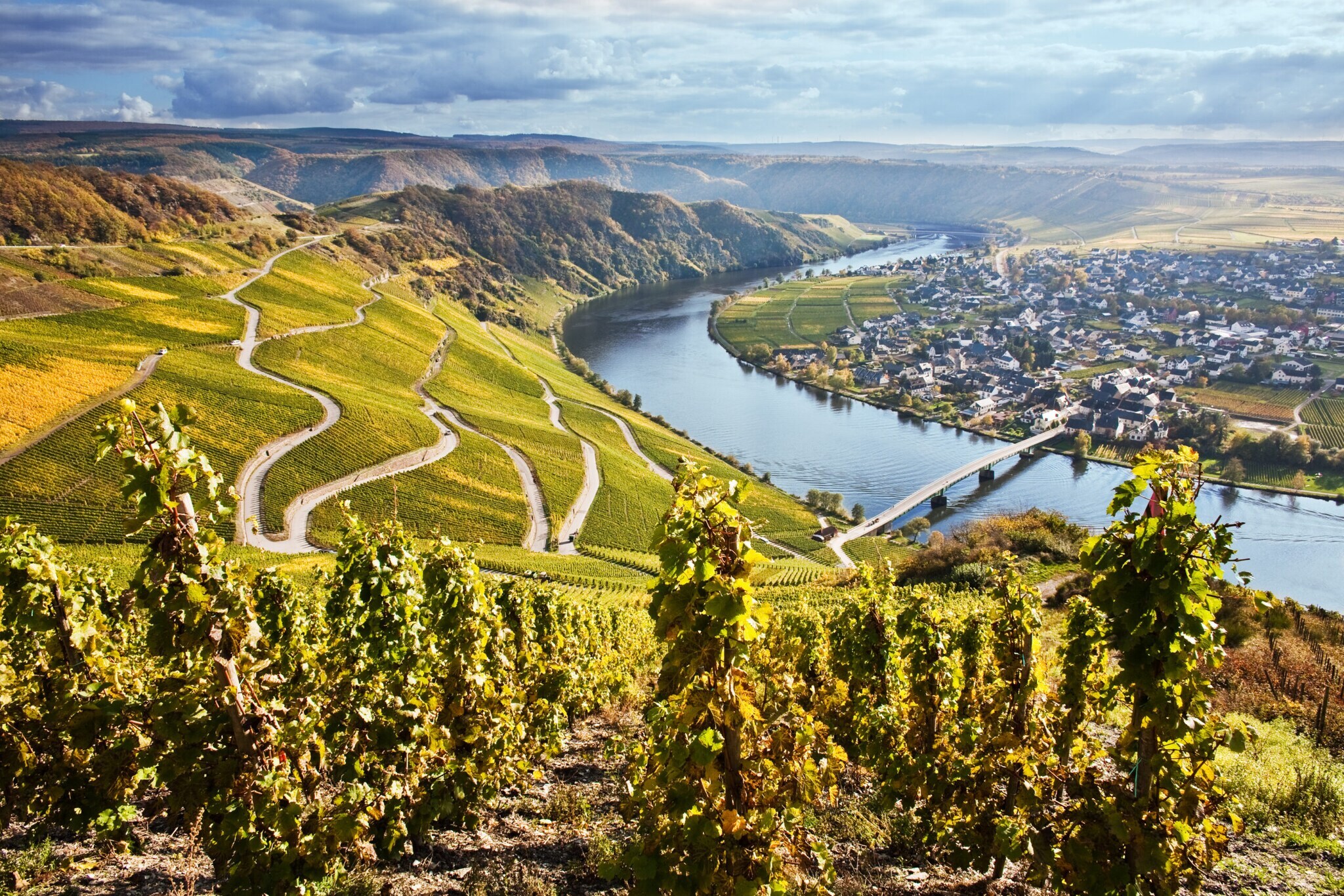 Panoramablick über die Moselschleife mit einer Serpentinenstraße zum Fluss hinunter