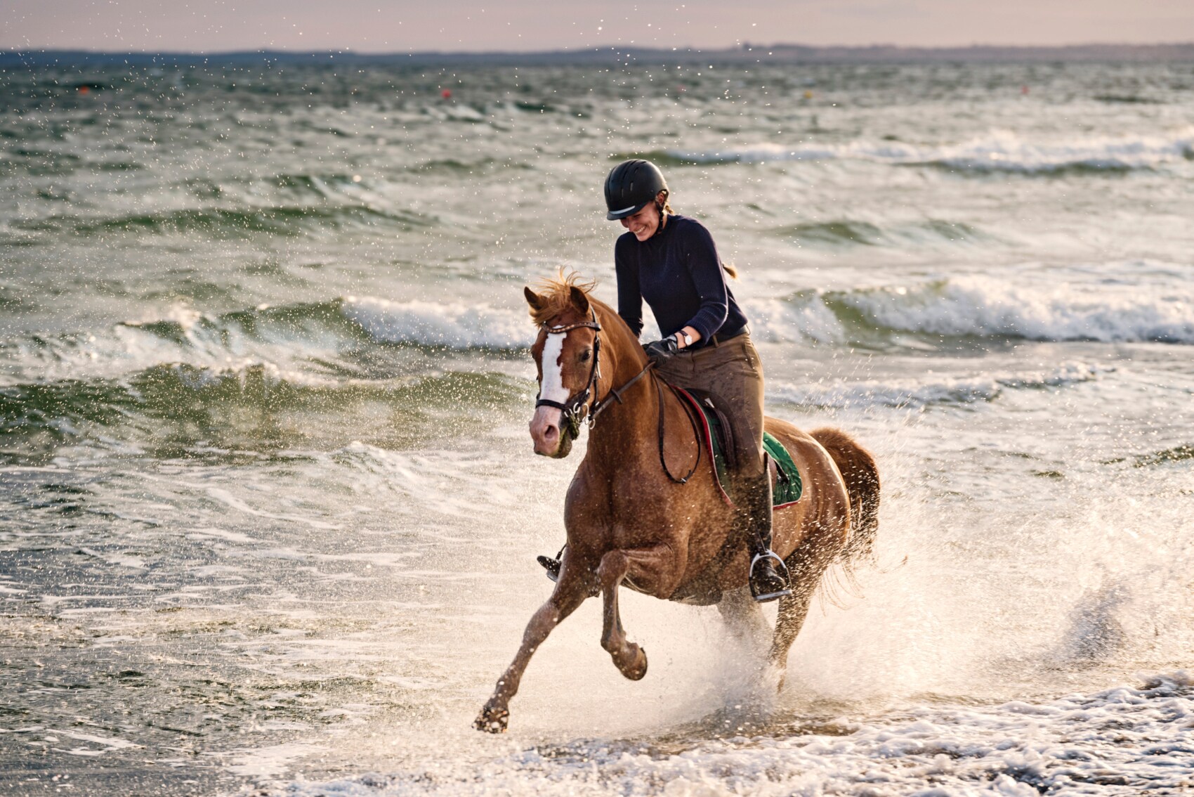 Eine Reiterin galoppiert mit ihrem braunen Pferd durchs Meerwasser