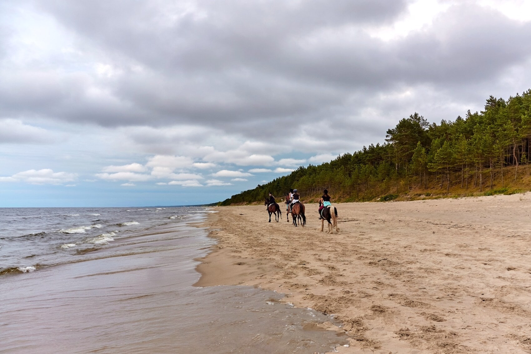 Vier Menschen auf Pferden reiten einen Strand entlang Vier Menschen auf Pferden reiten einen Strand entlang